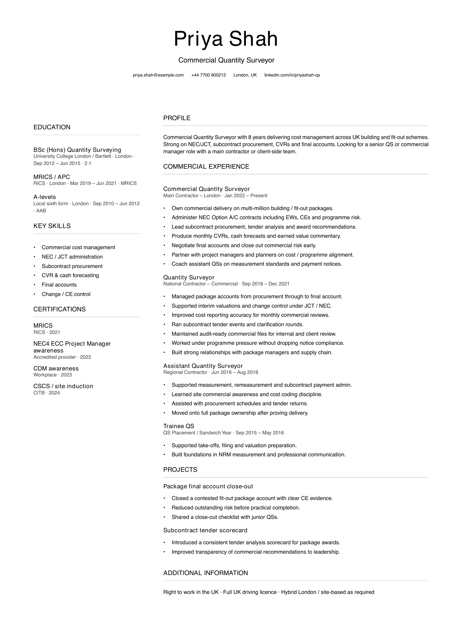 commercial quantity surveyor CV template