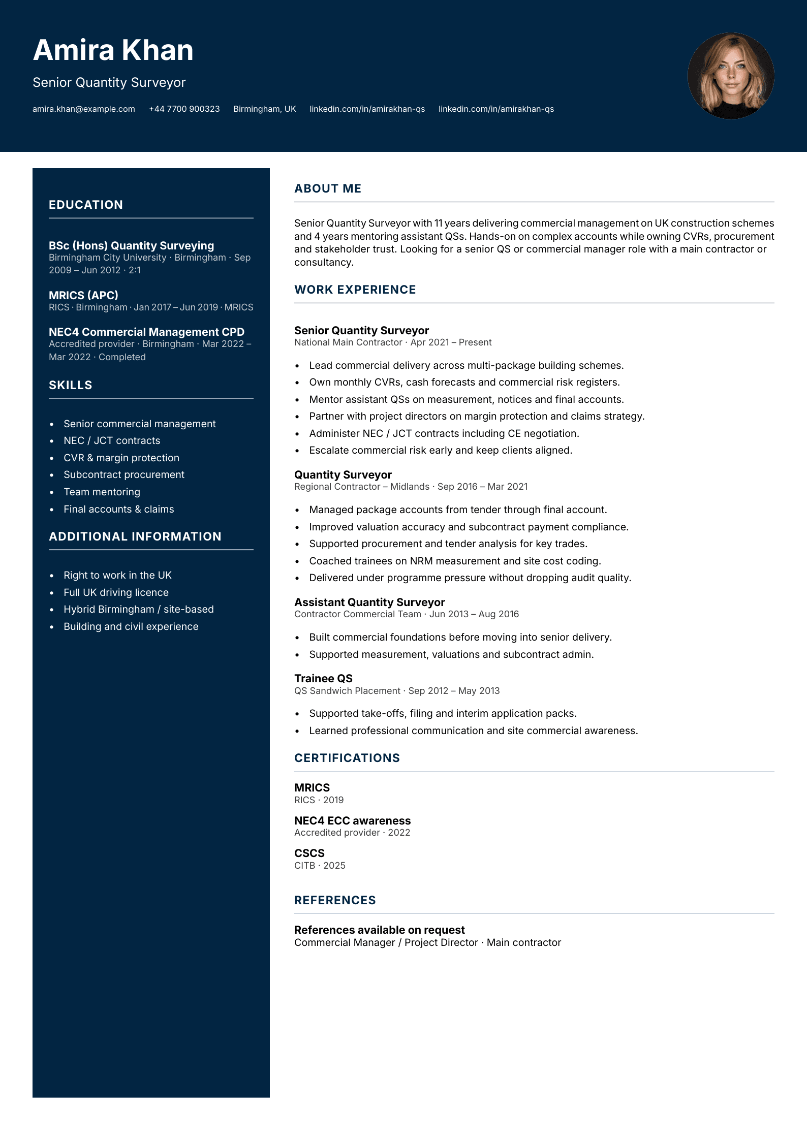 Senior quantity surveyor CV template