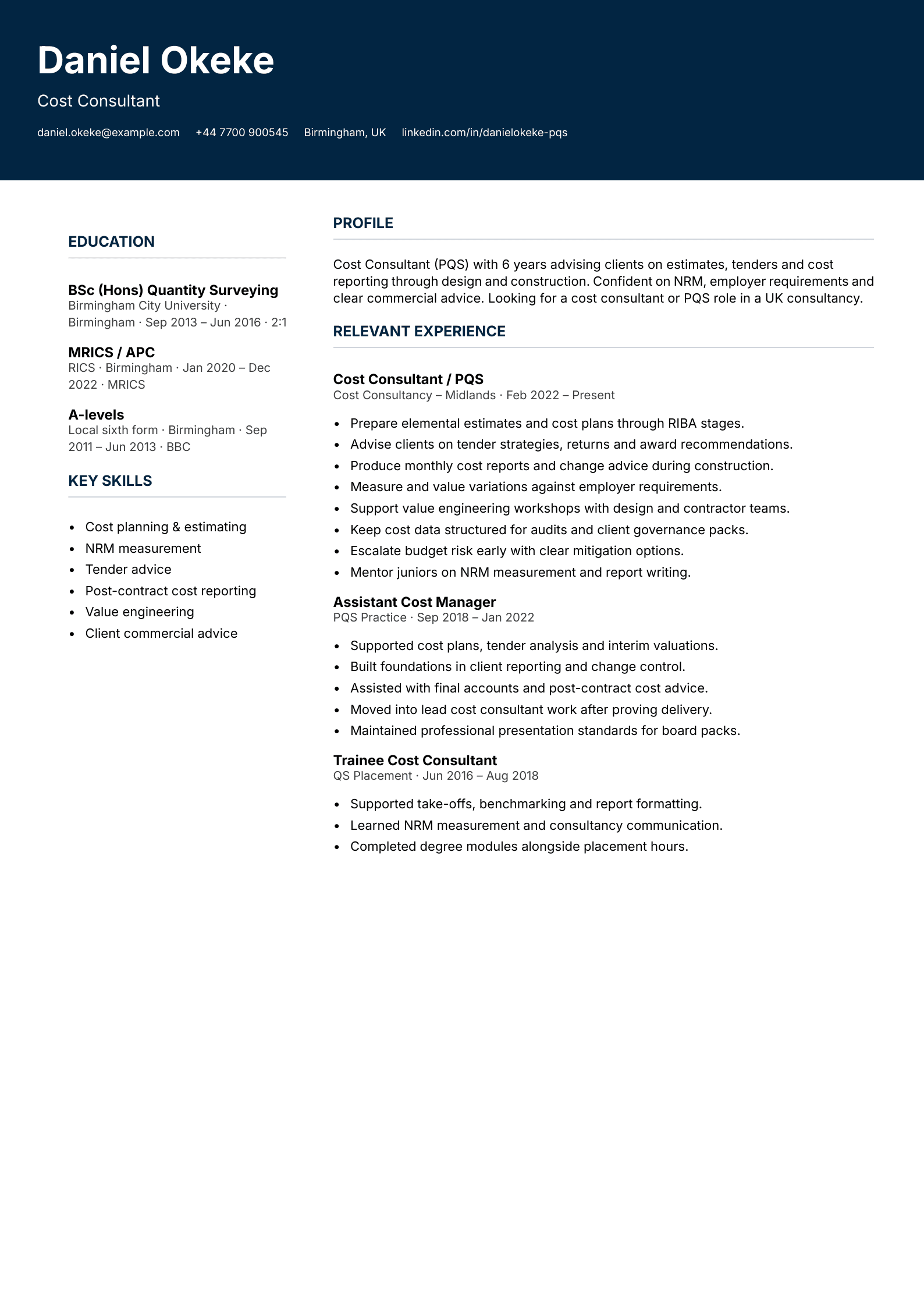 cost consultant CV template