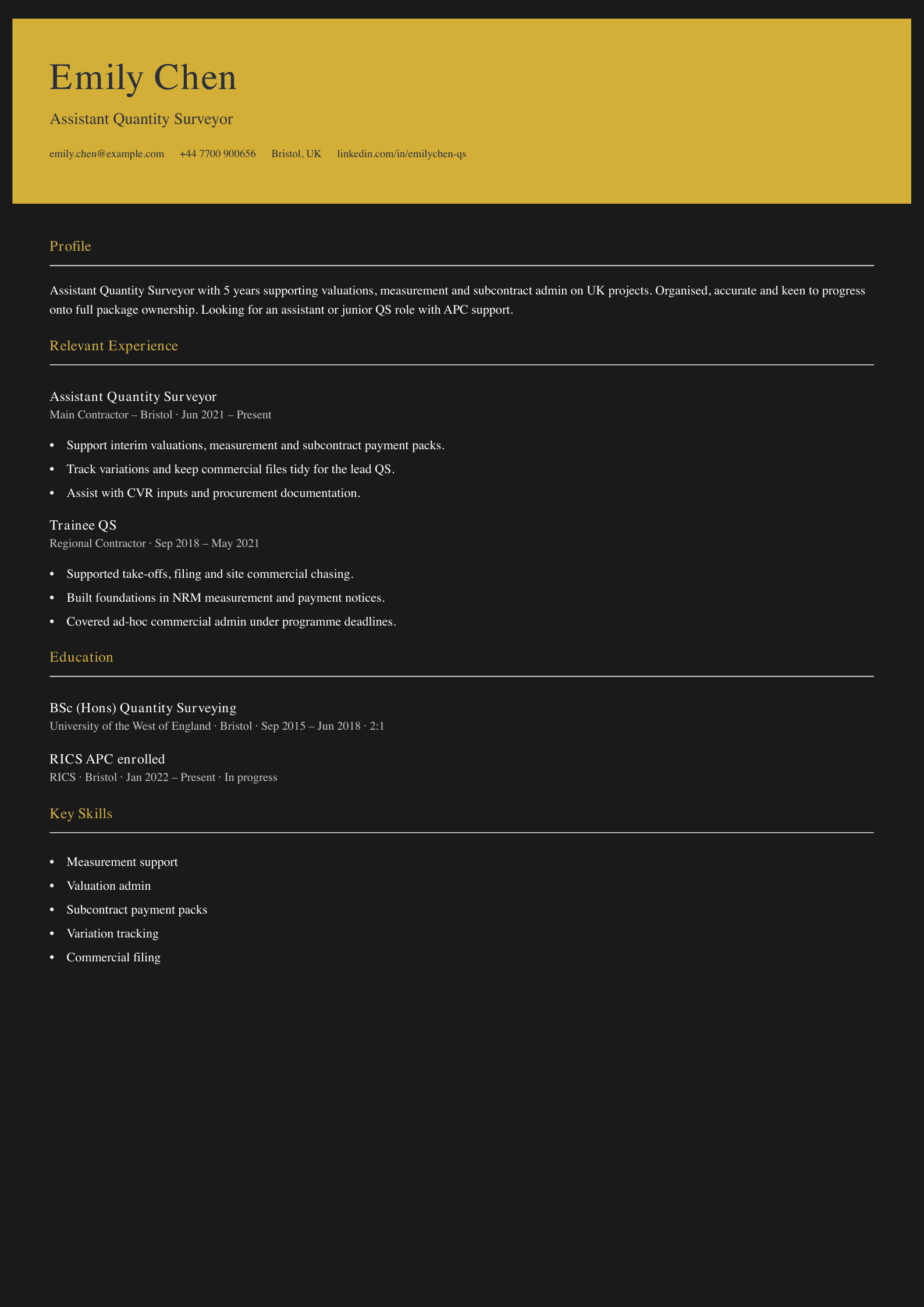 assistant quantity surveyor CV template