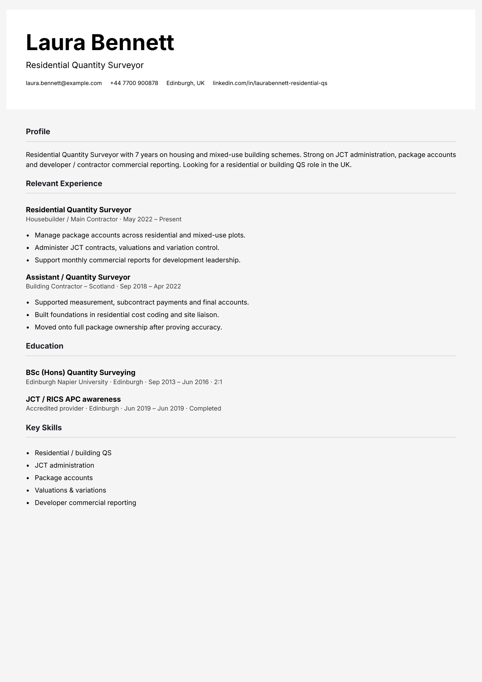 residential quantity surveyor CV template
