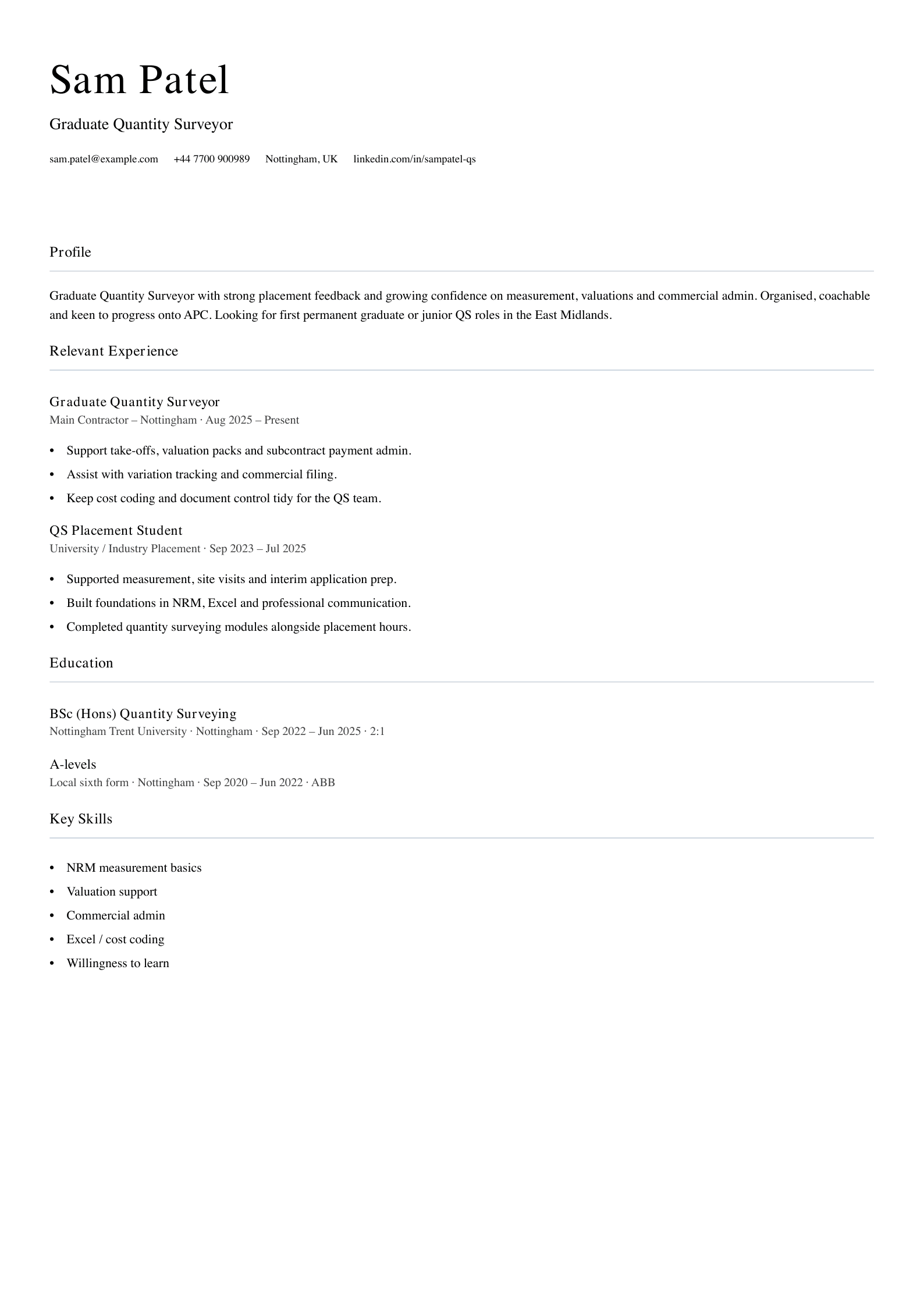 graduate quantity surveyor CV template