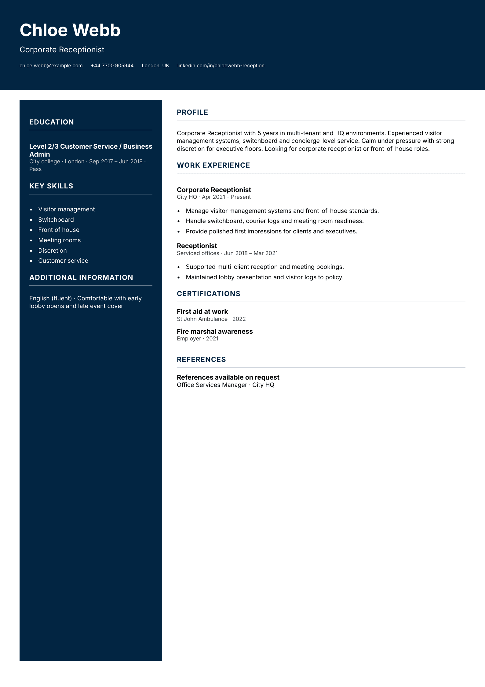 corporate receptionist cv template