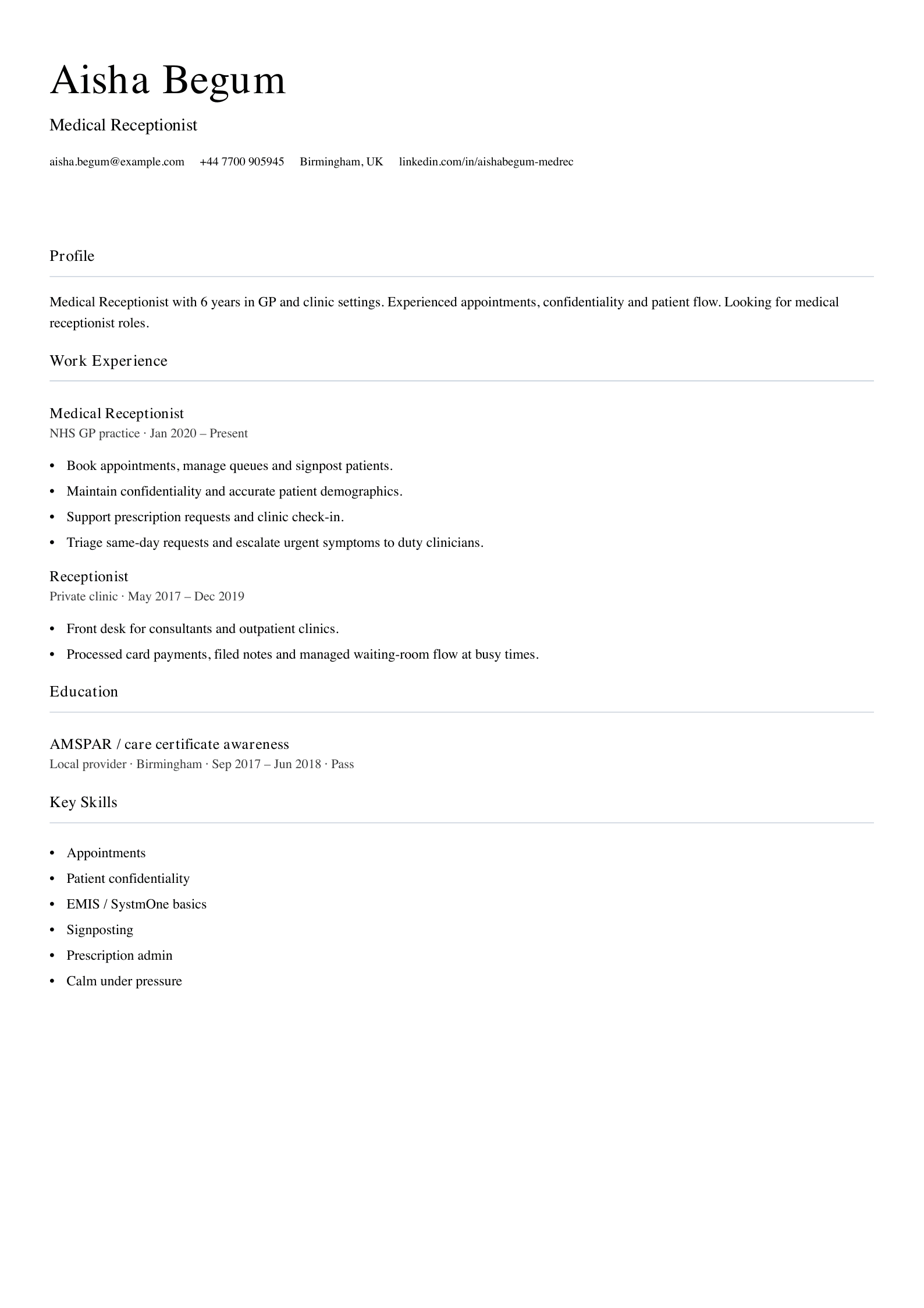 medical receptionist cv template
