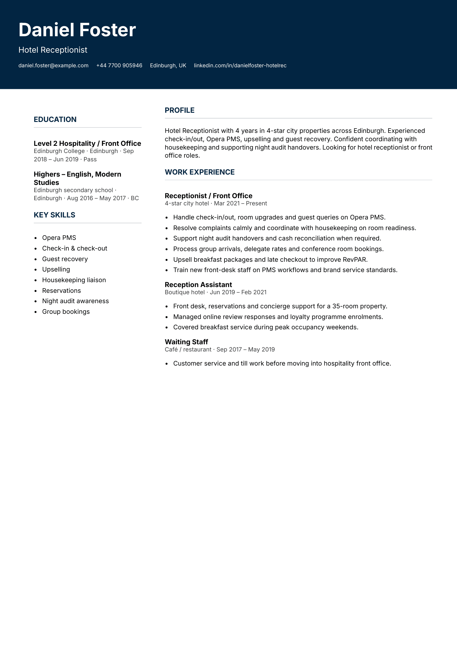 hotel receptionist cv template