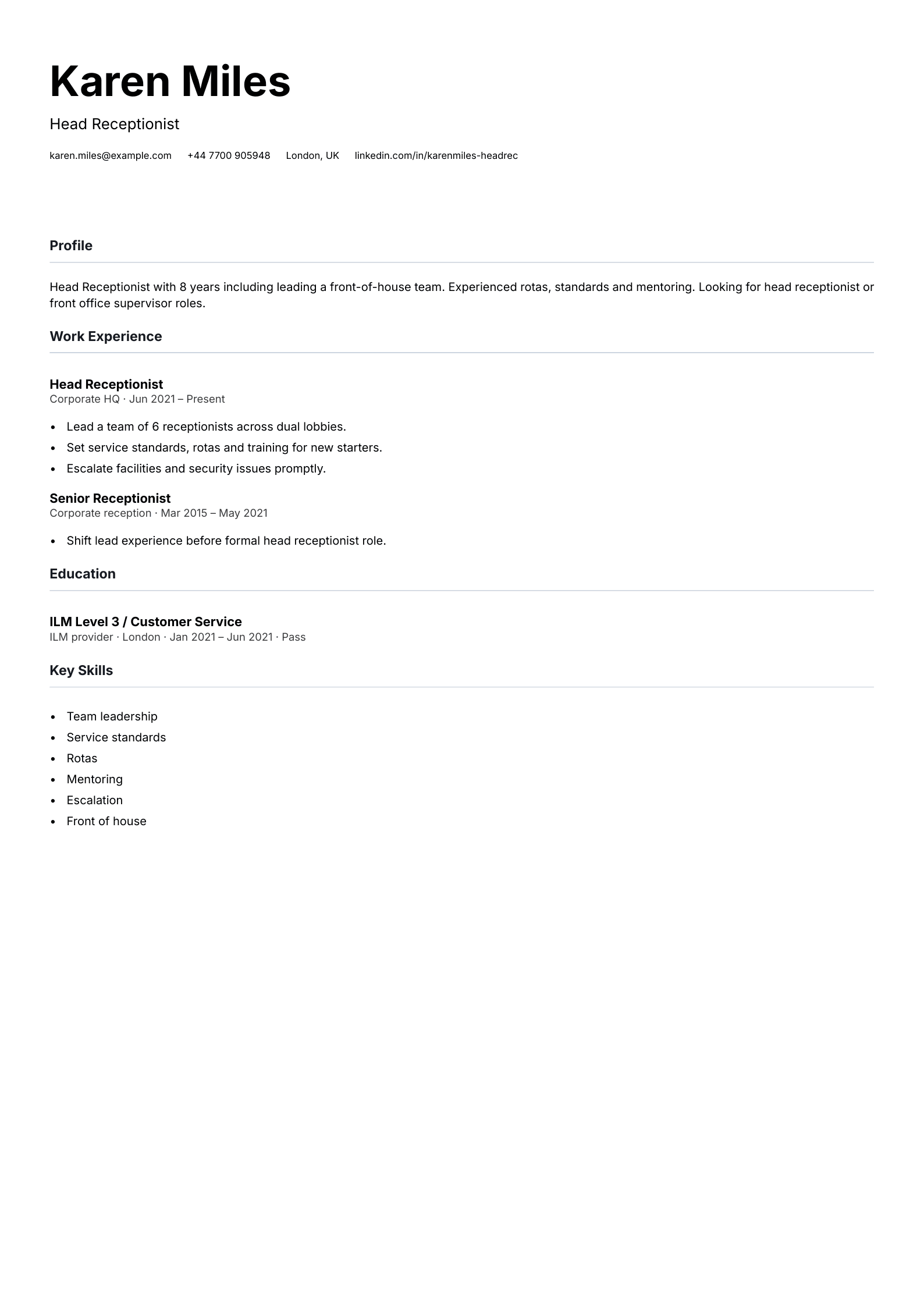 head receptionist cv template