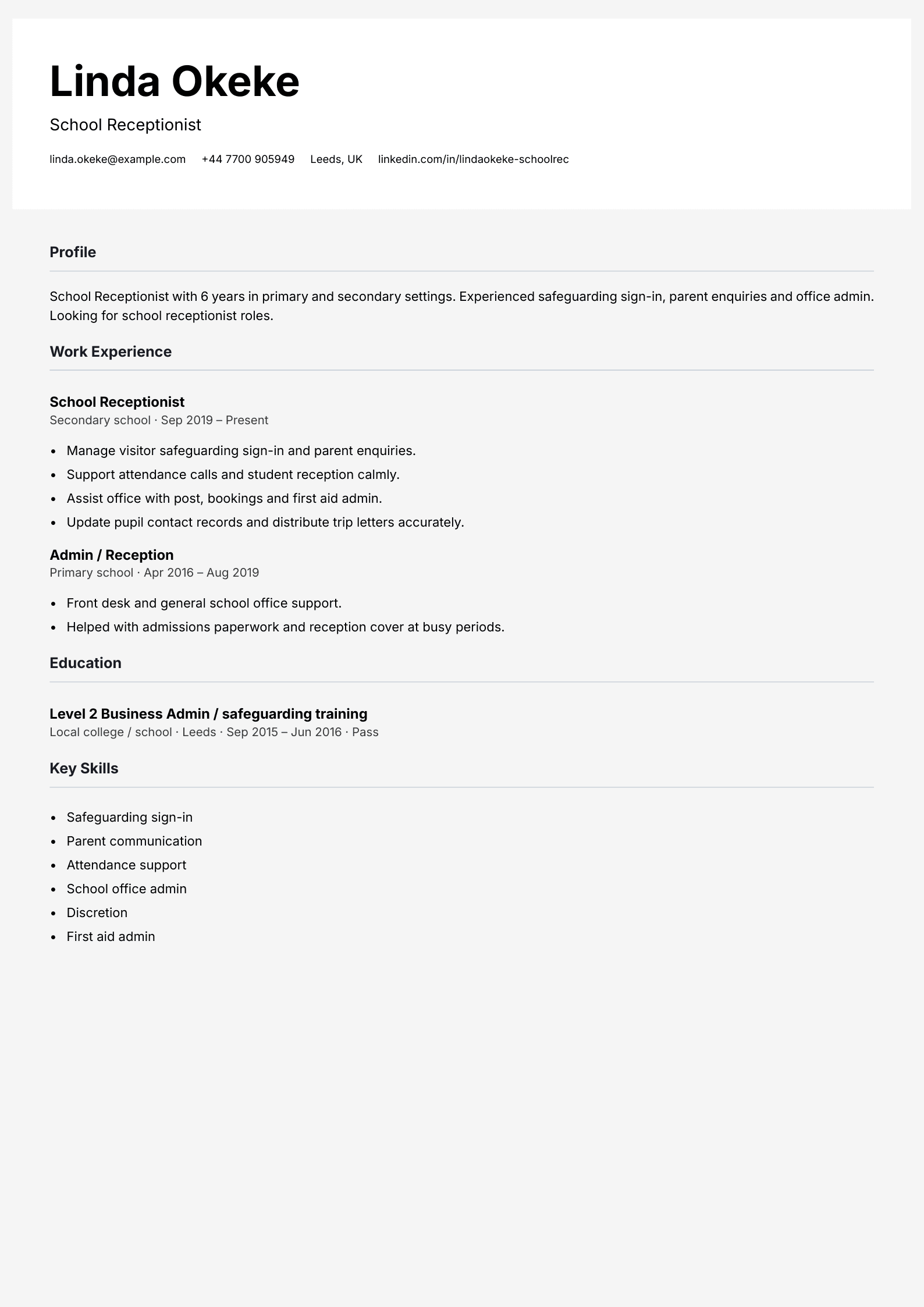 school receptionist cv template