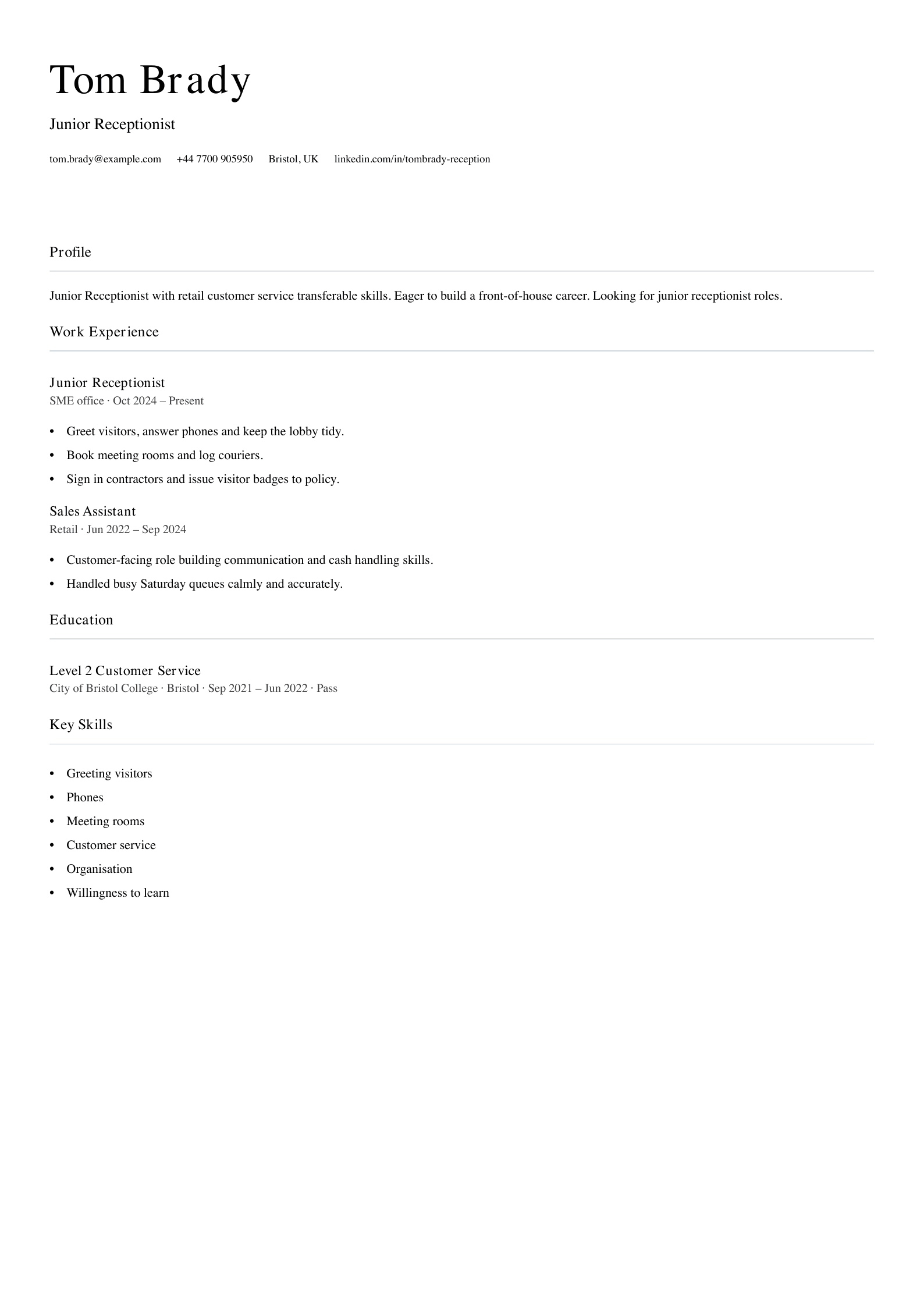 junior receptionist cv template
