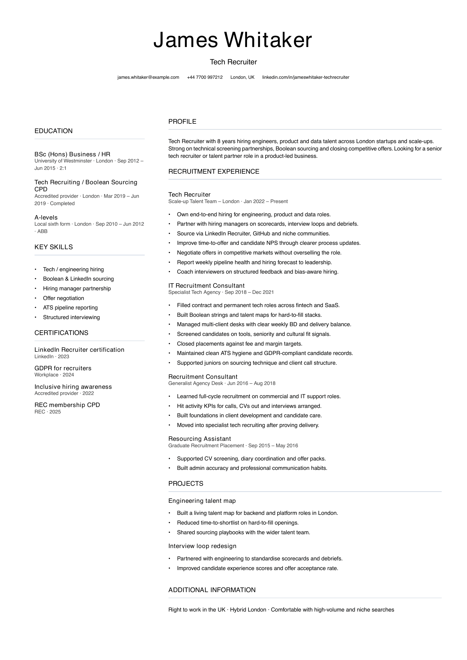 tech recruiter CV template