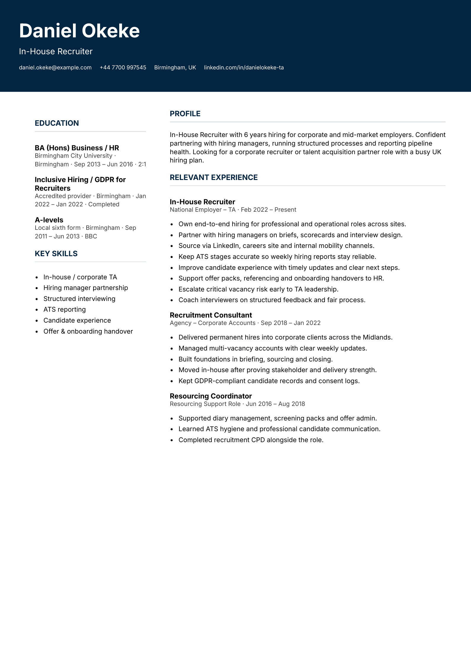 in-house recruiter CV template