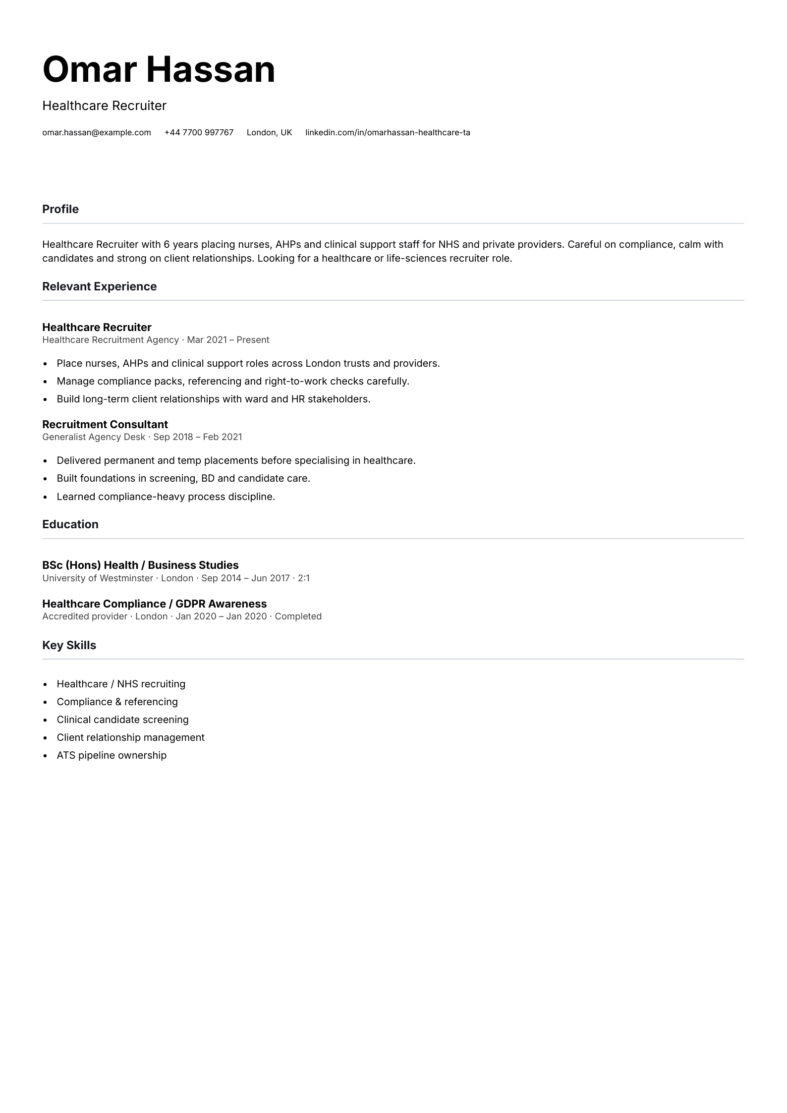 healthcare recruiter CV template
