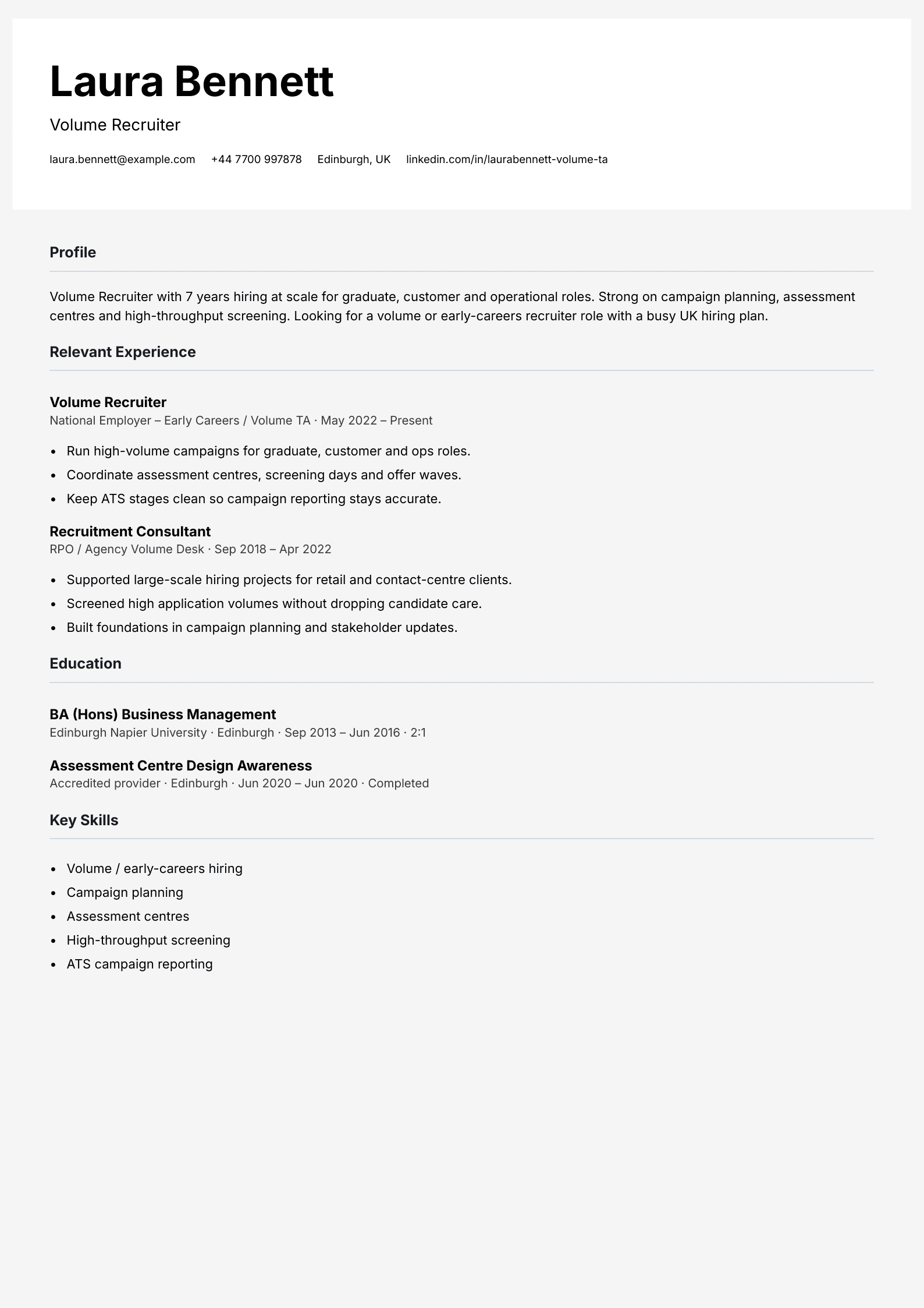 volume recruiter CV template