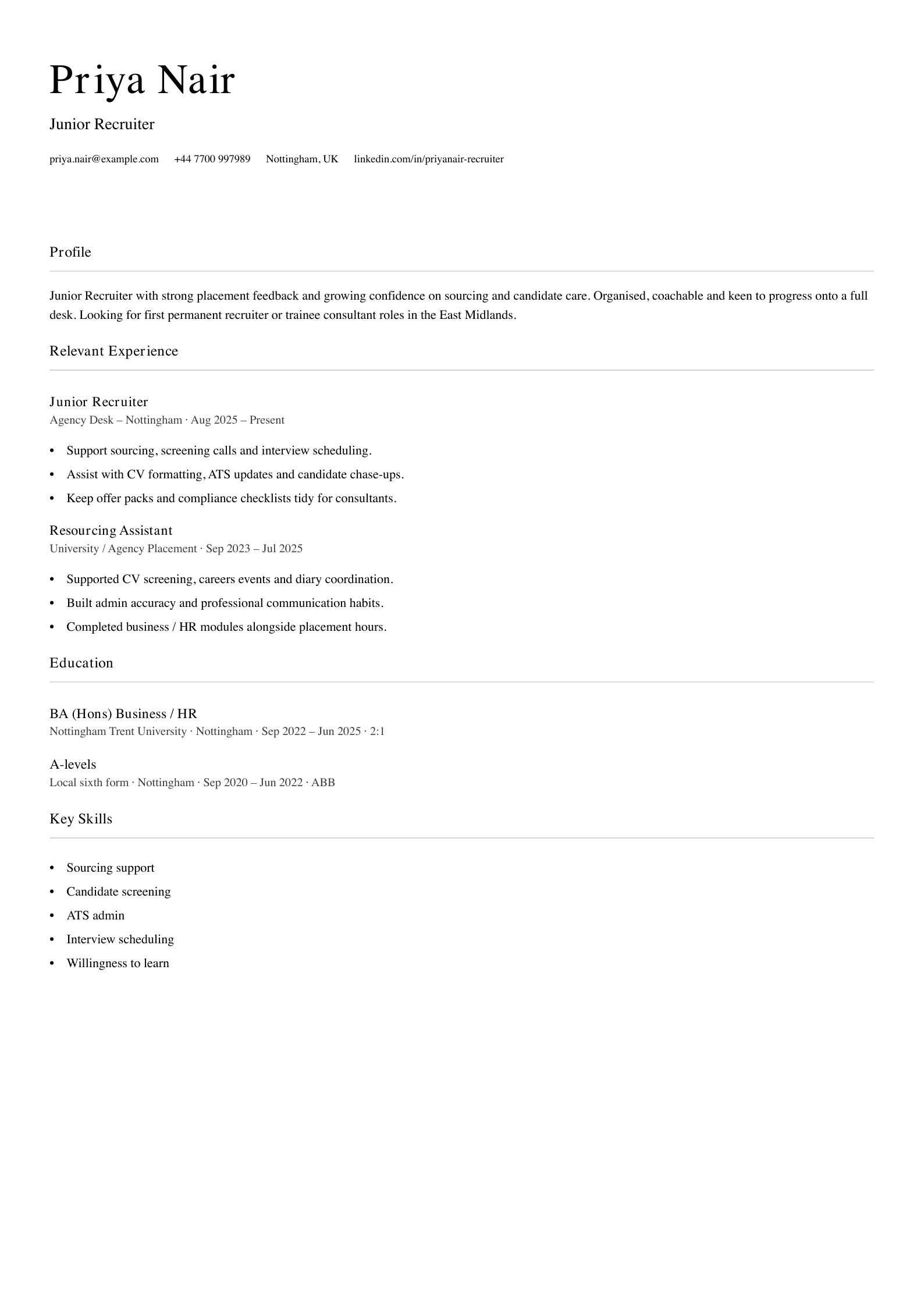 junior recruiter CV template