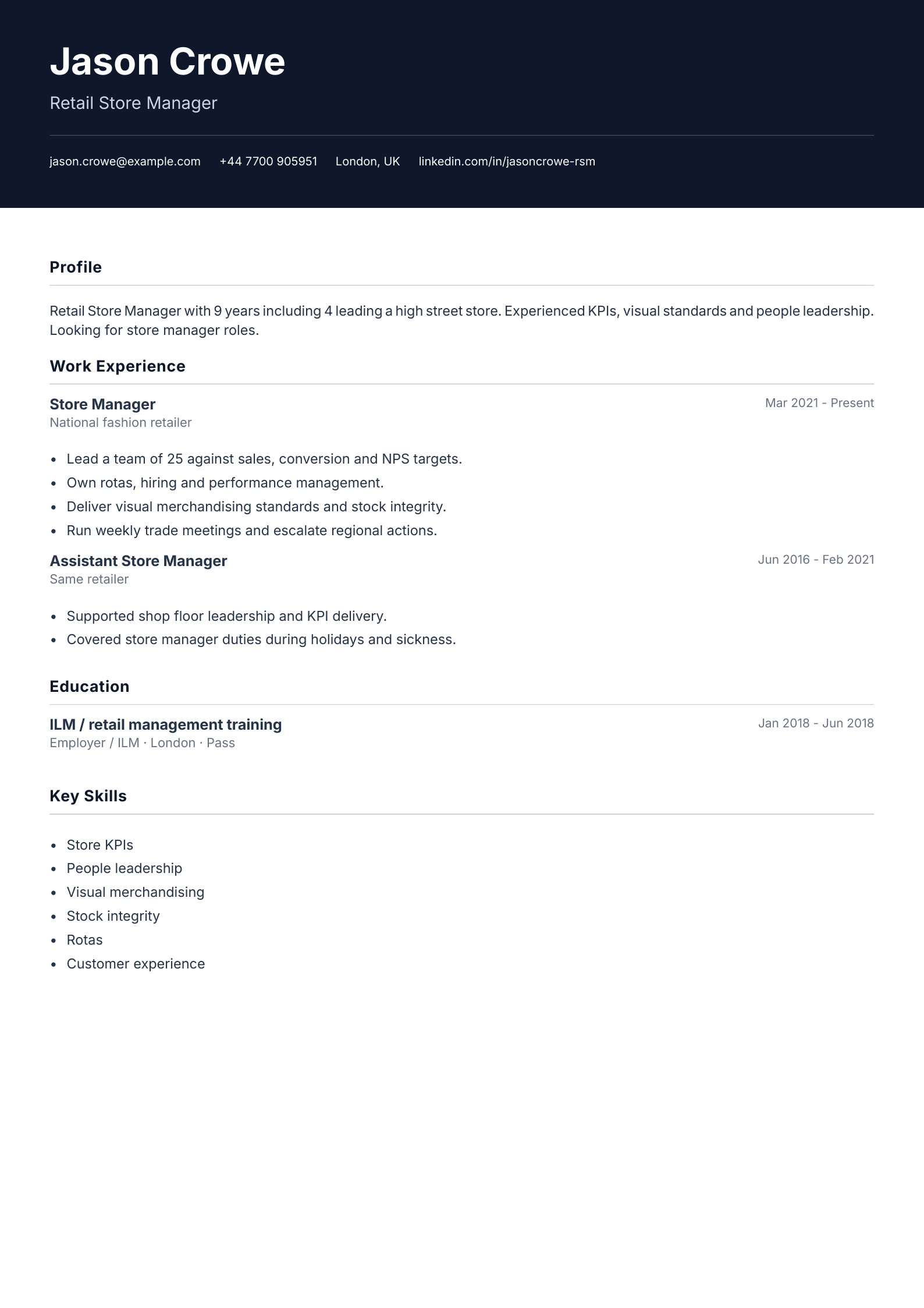 retail store manager cv template
