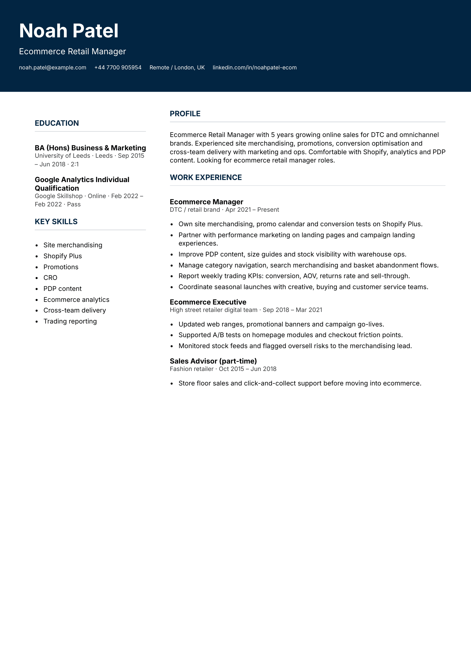 ecommerce retail manager cv template
