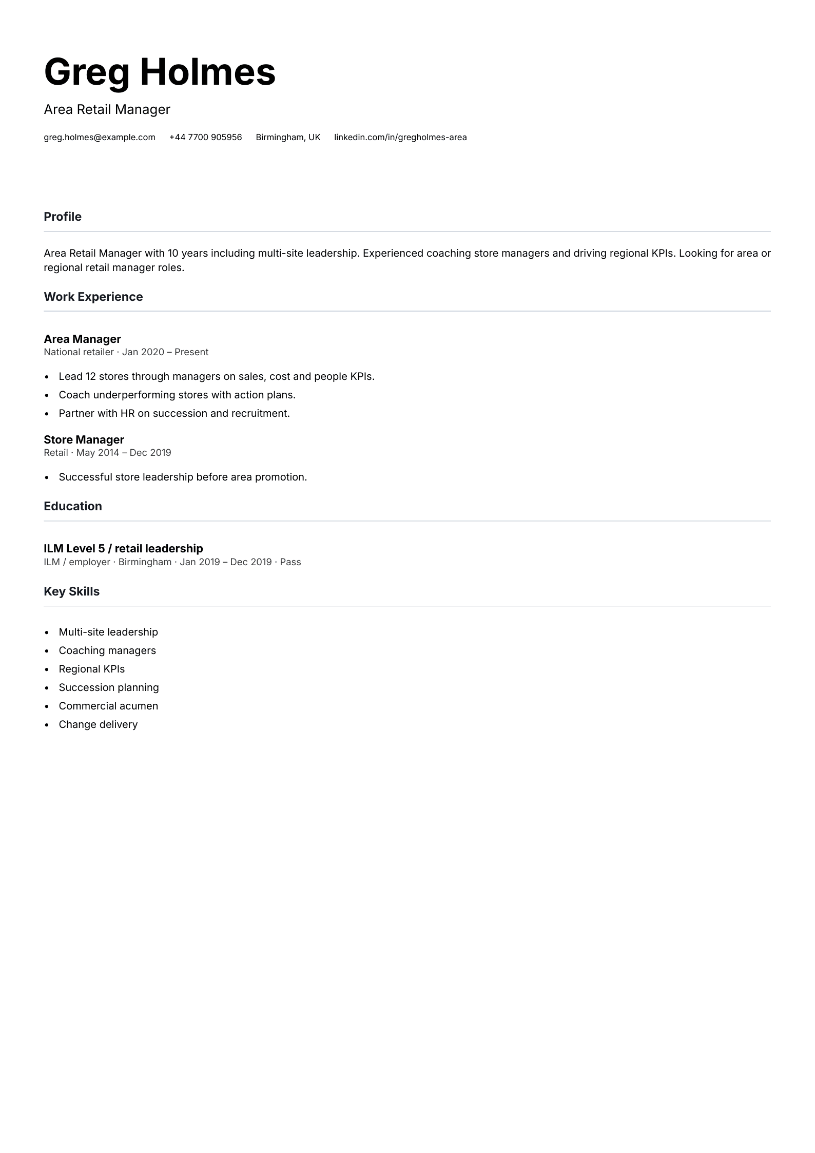 area retail manager cv template