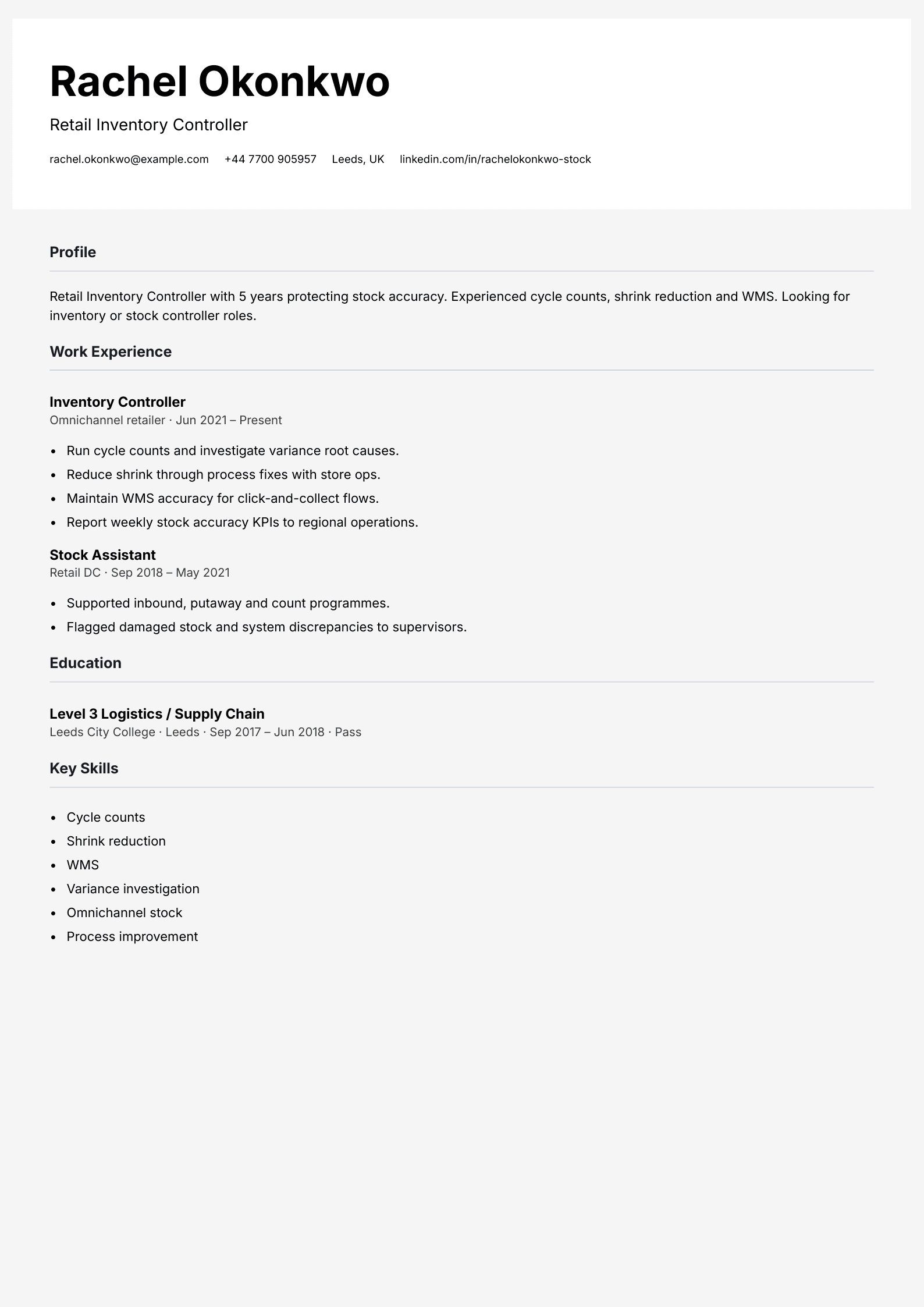 retail inventory controller cv template