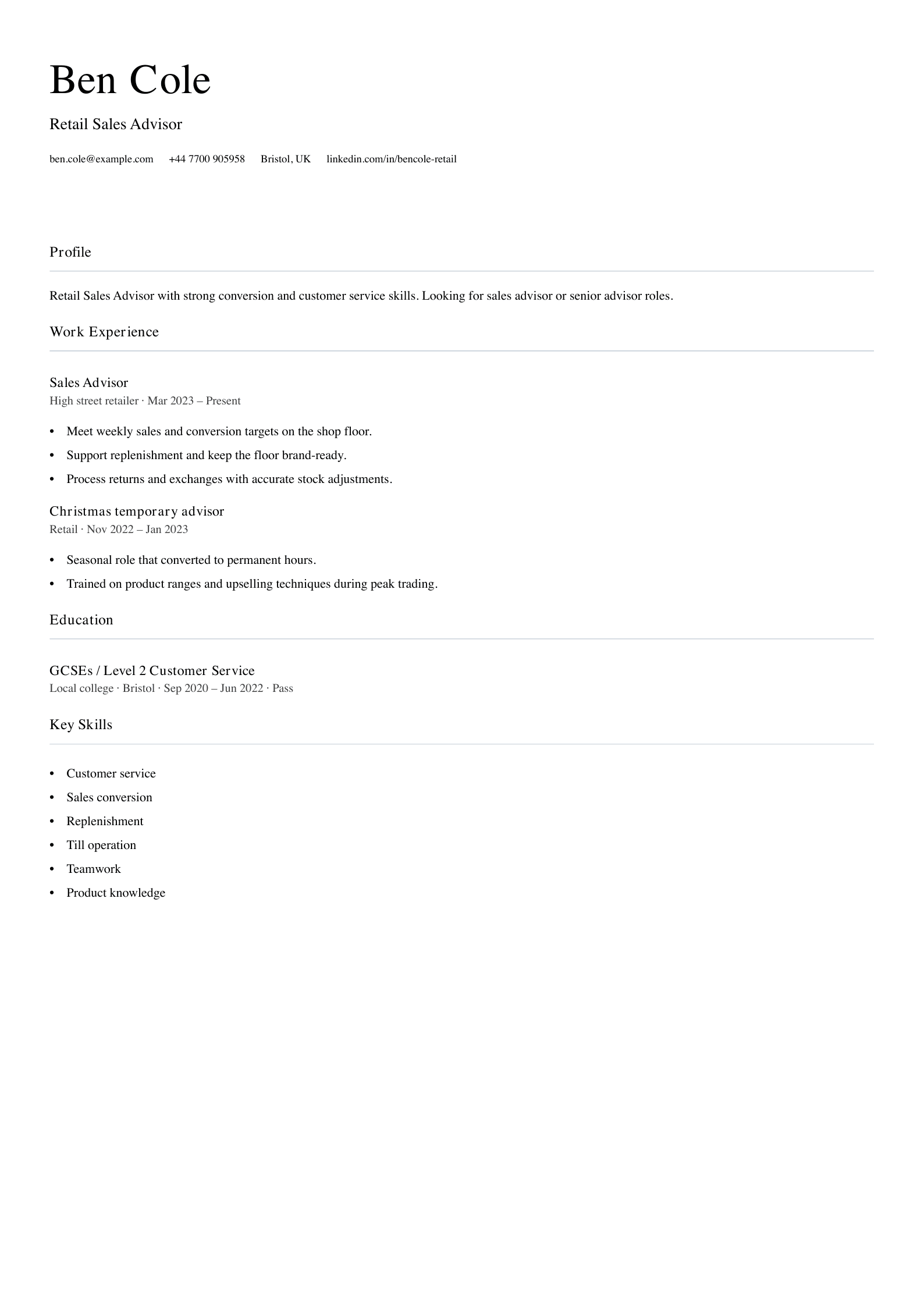 retail sales advisor cv template
