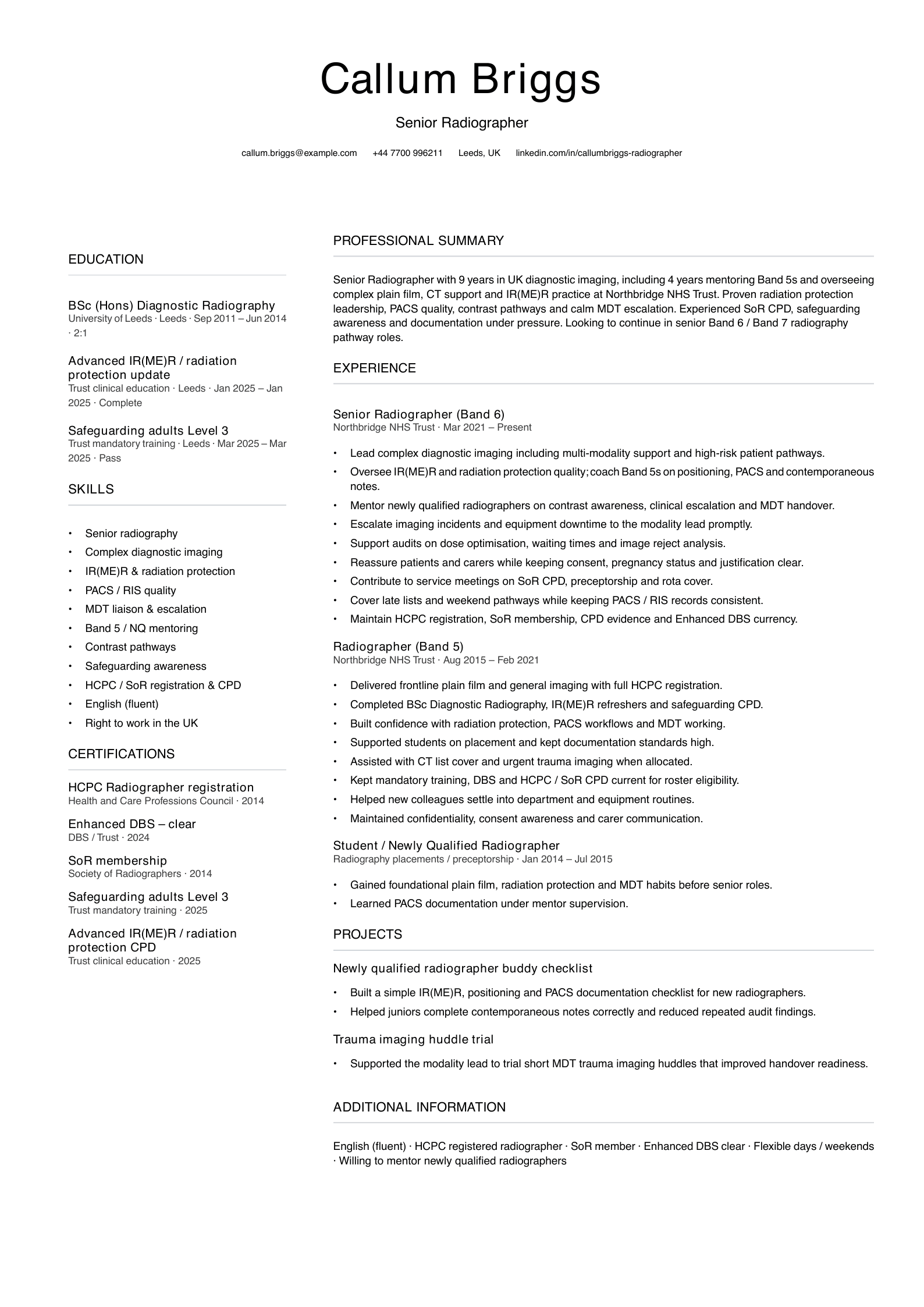 senior radiographer cv template