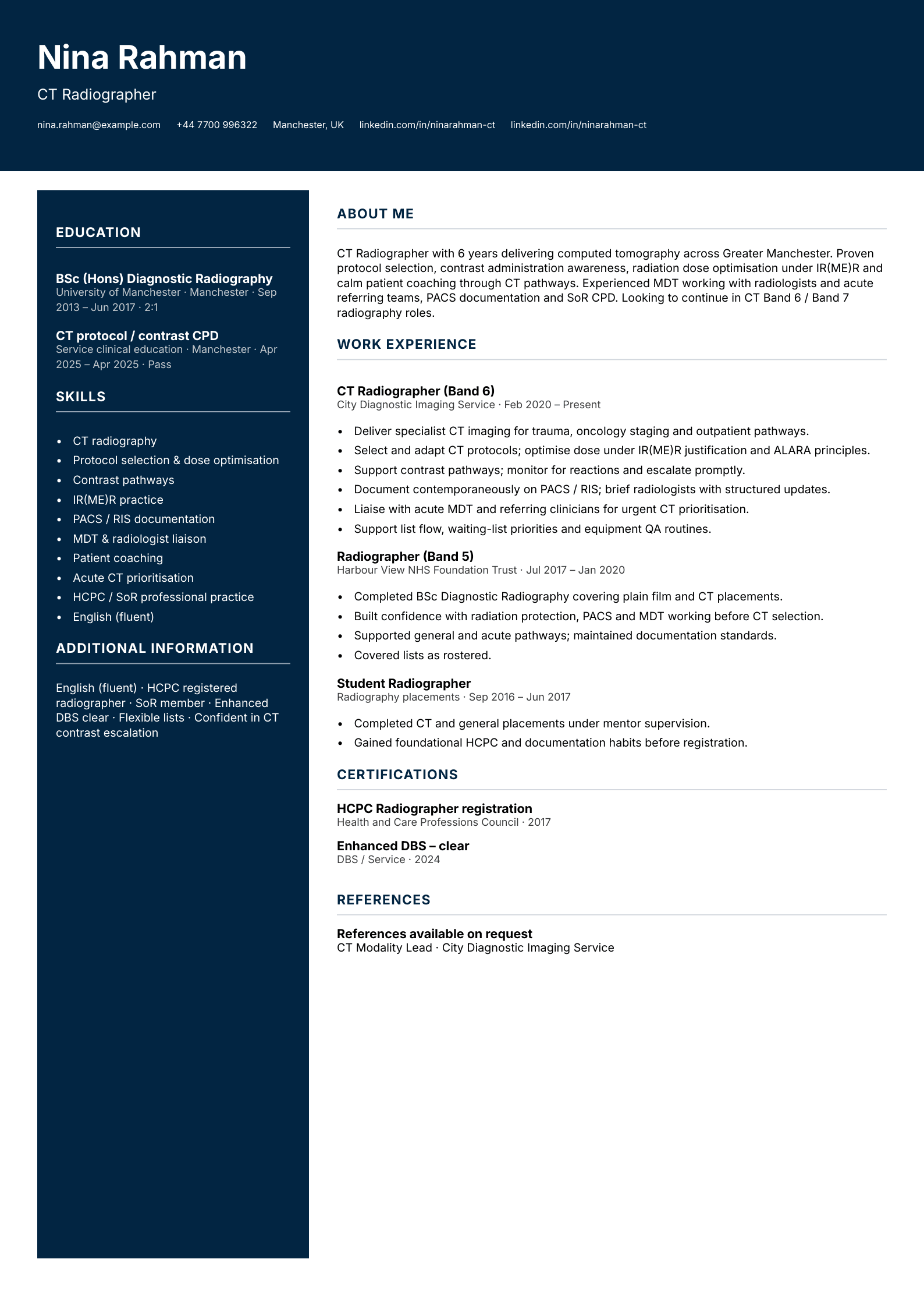 ct radiographer cv template