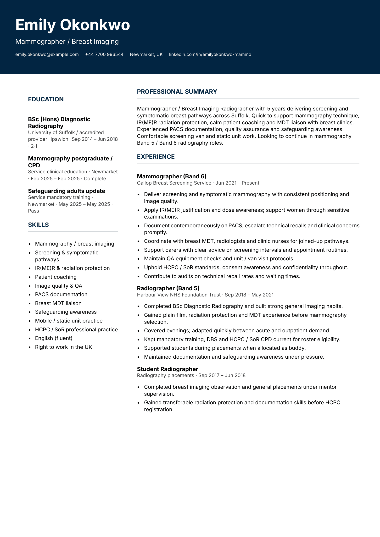 mammographer breast imaging cv template