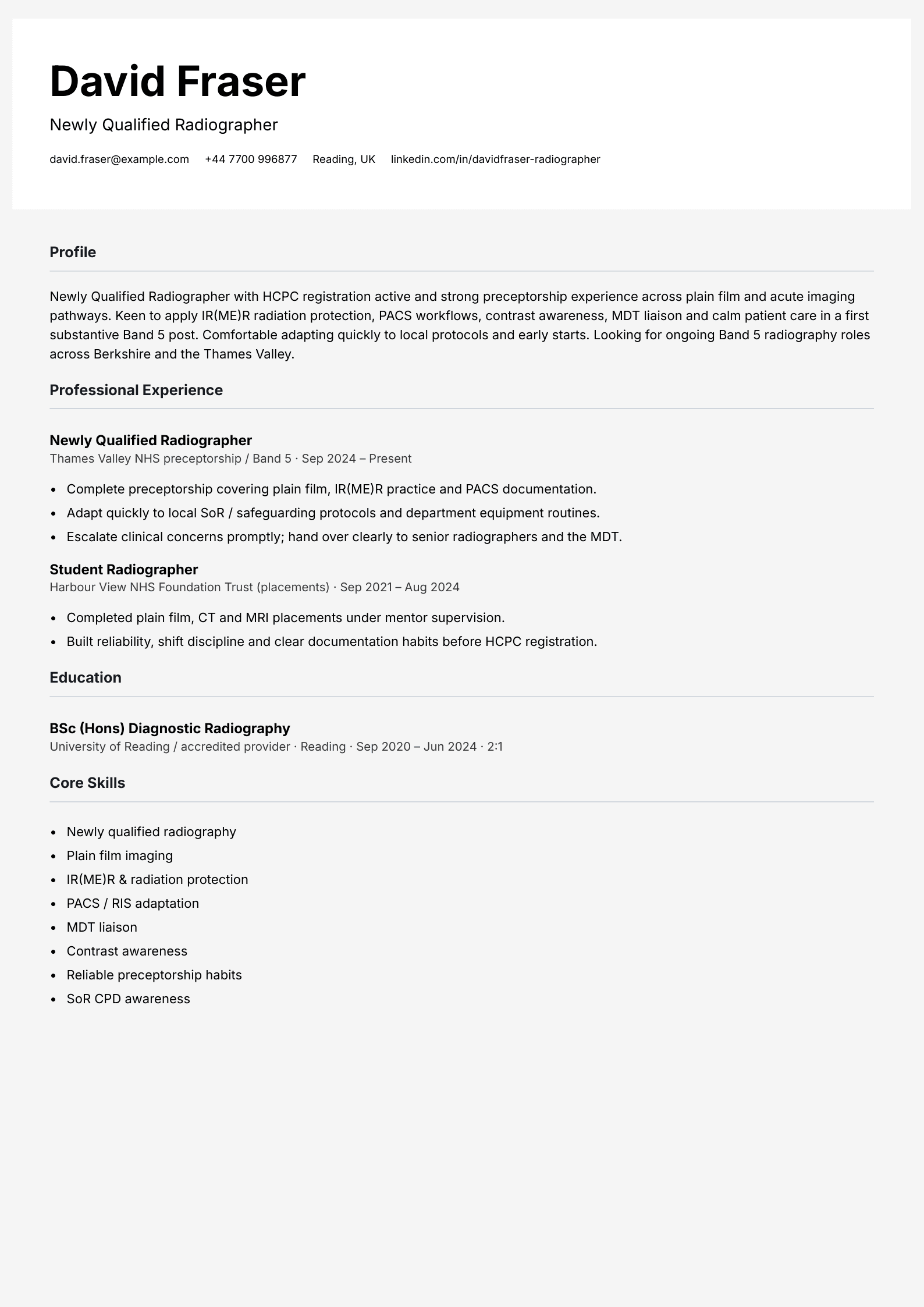 newly qualified radiographer cv template