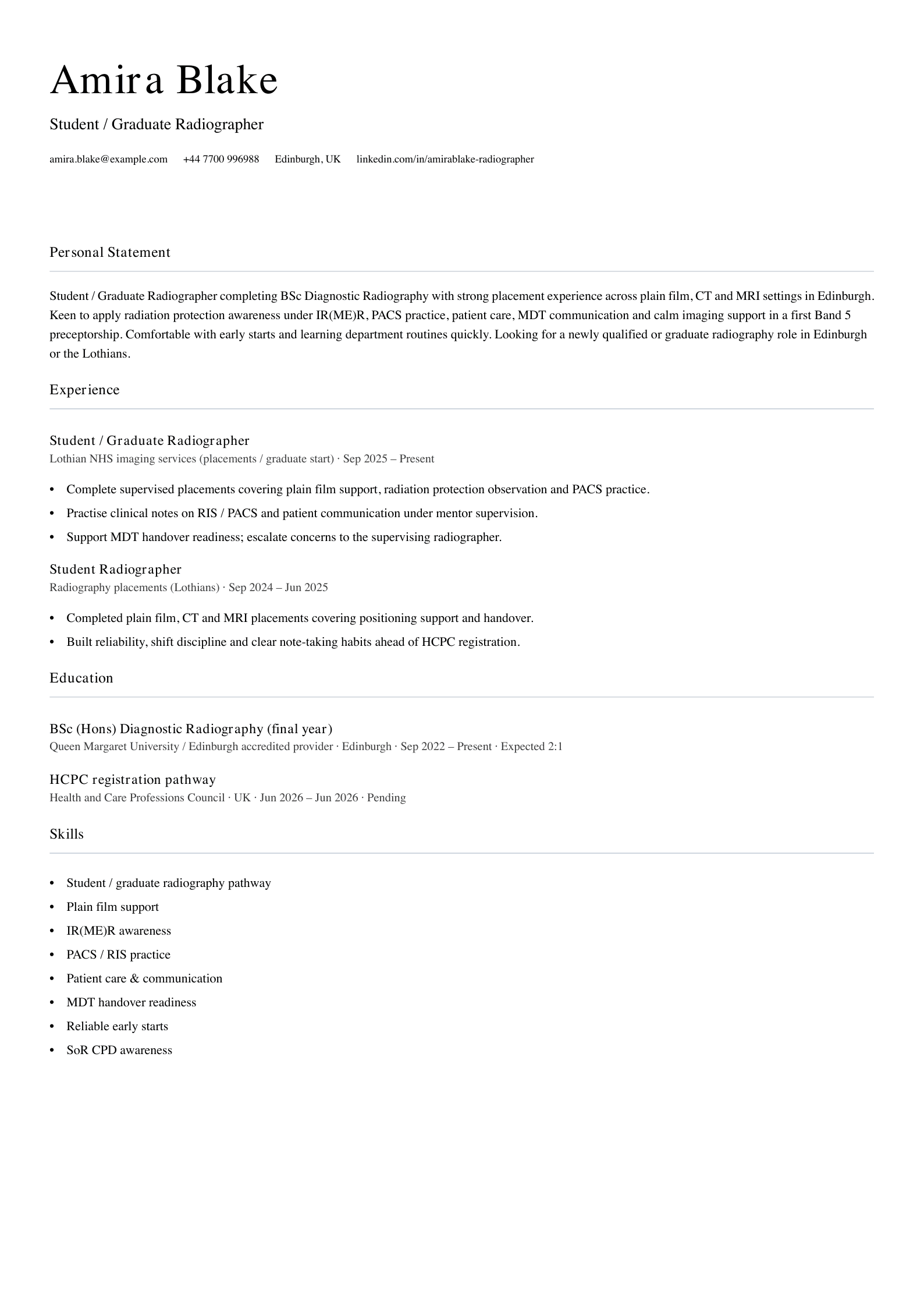 student graduate radiographer cv template