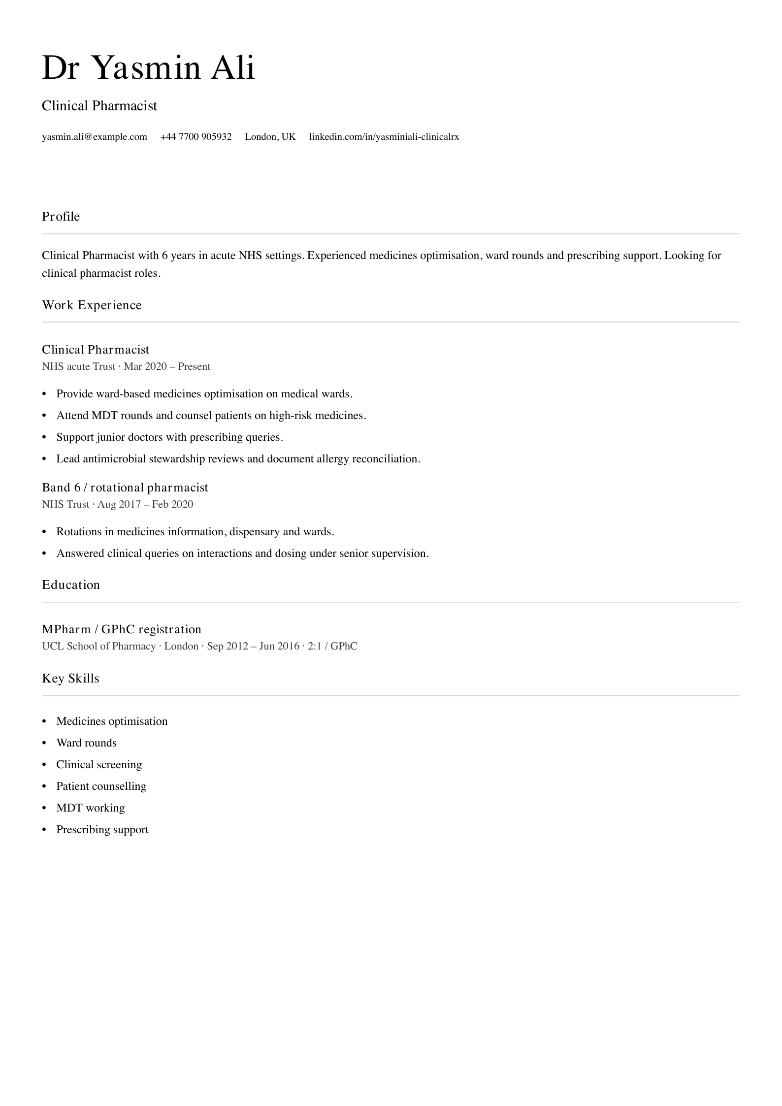 ward clinical pharmacist cv template