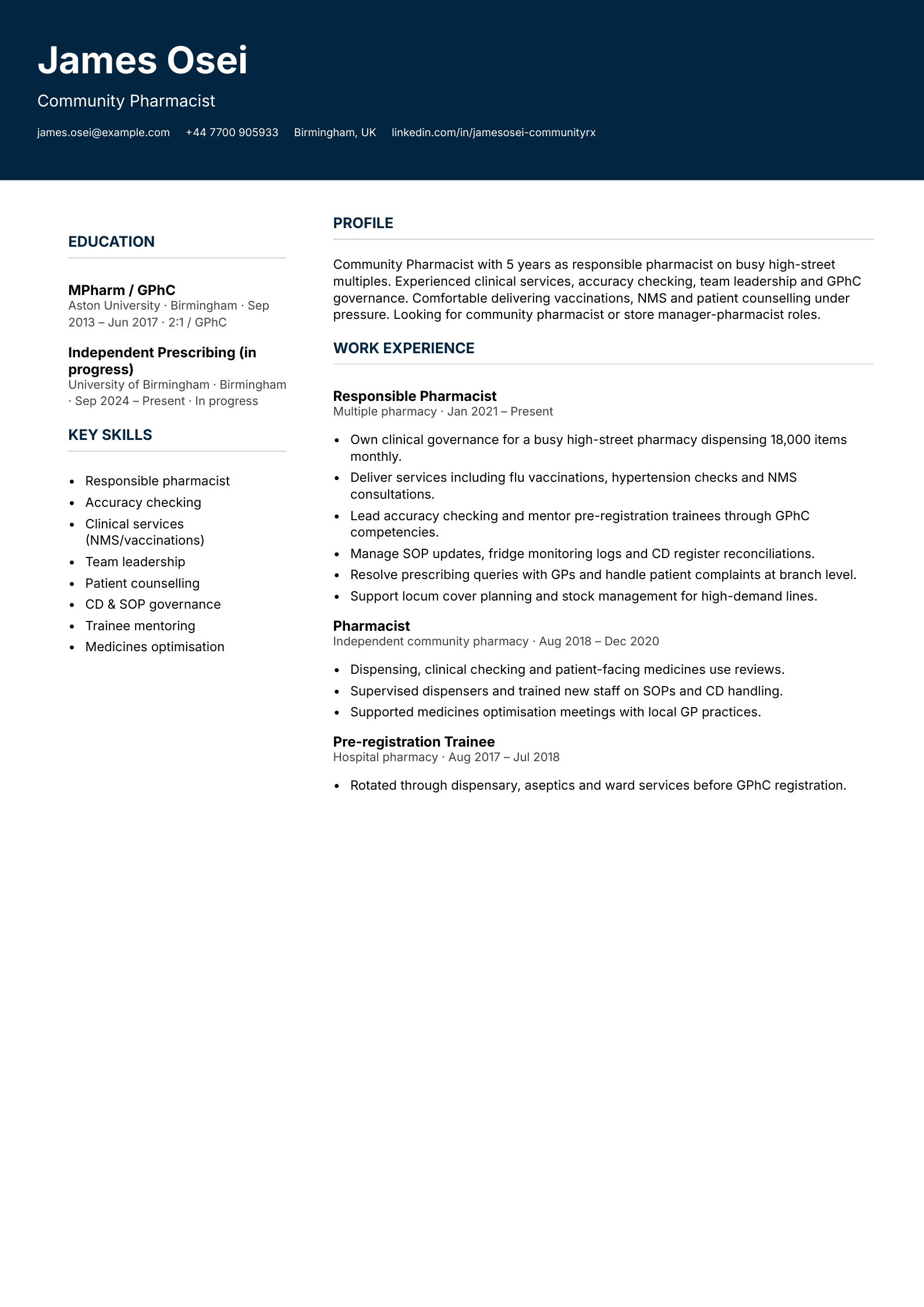 high street community pharmacist cv template