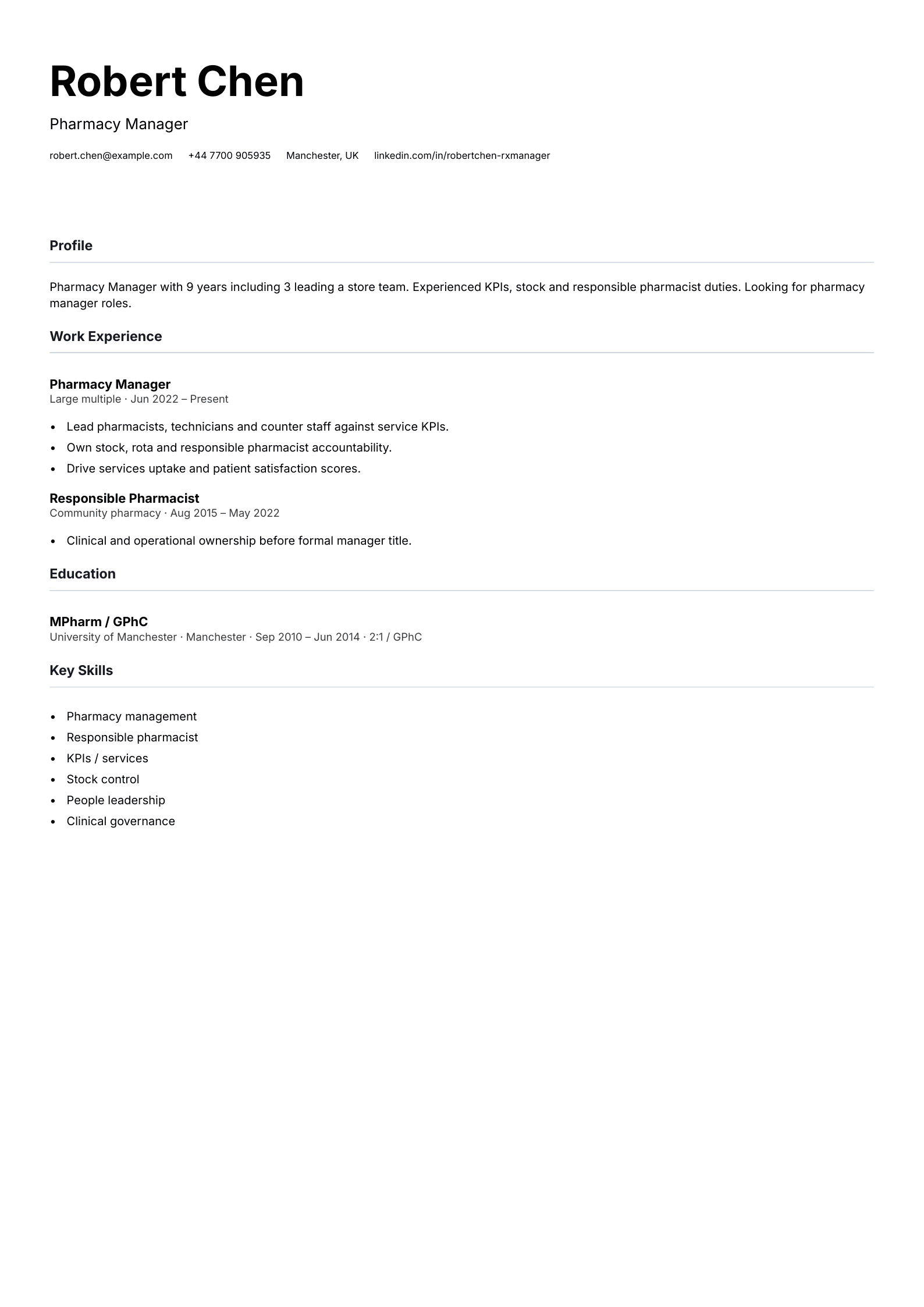 multiple pharmacy manager cv template