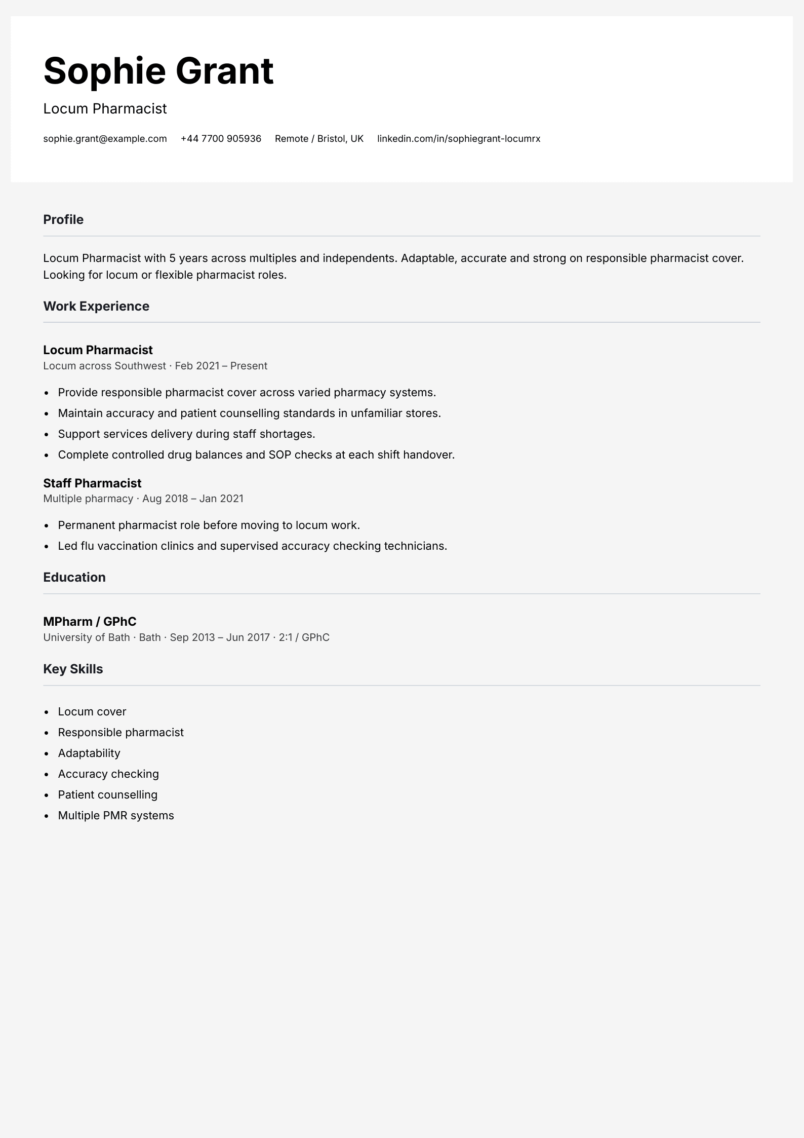 flexible locum pharmacist cv template