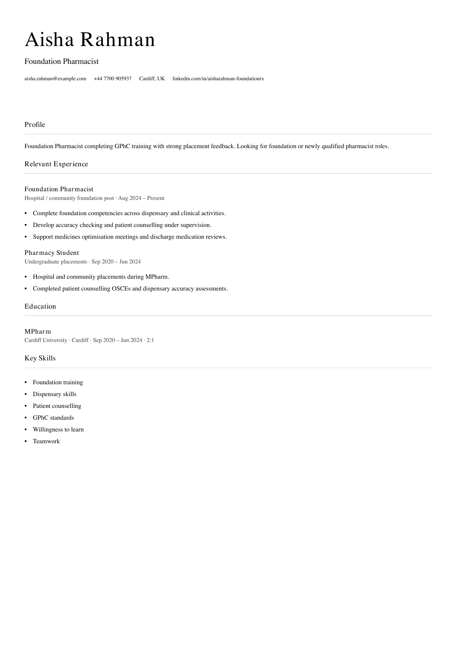 foundation pharmacist cv template