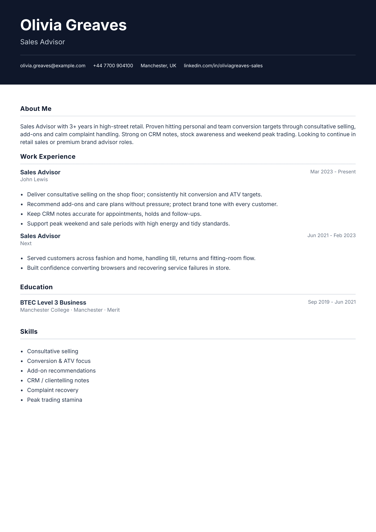 Retail sales advisor CV template