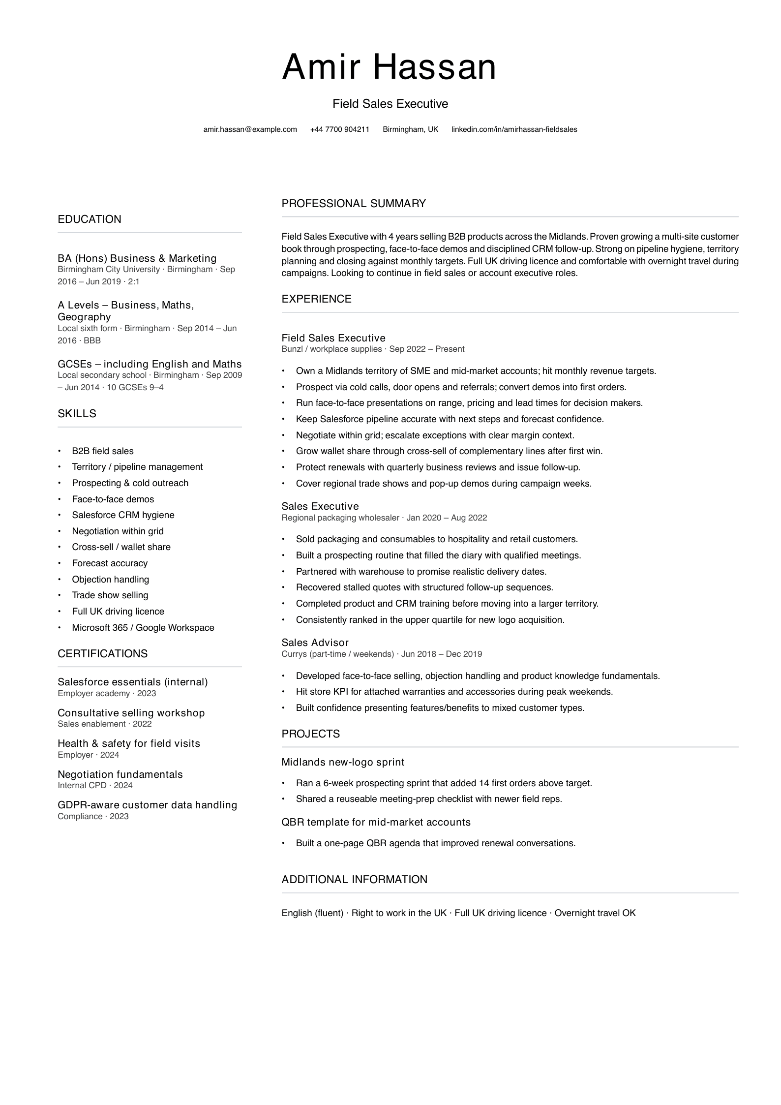 field sales executive cv template