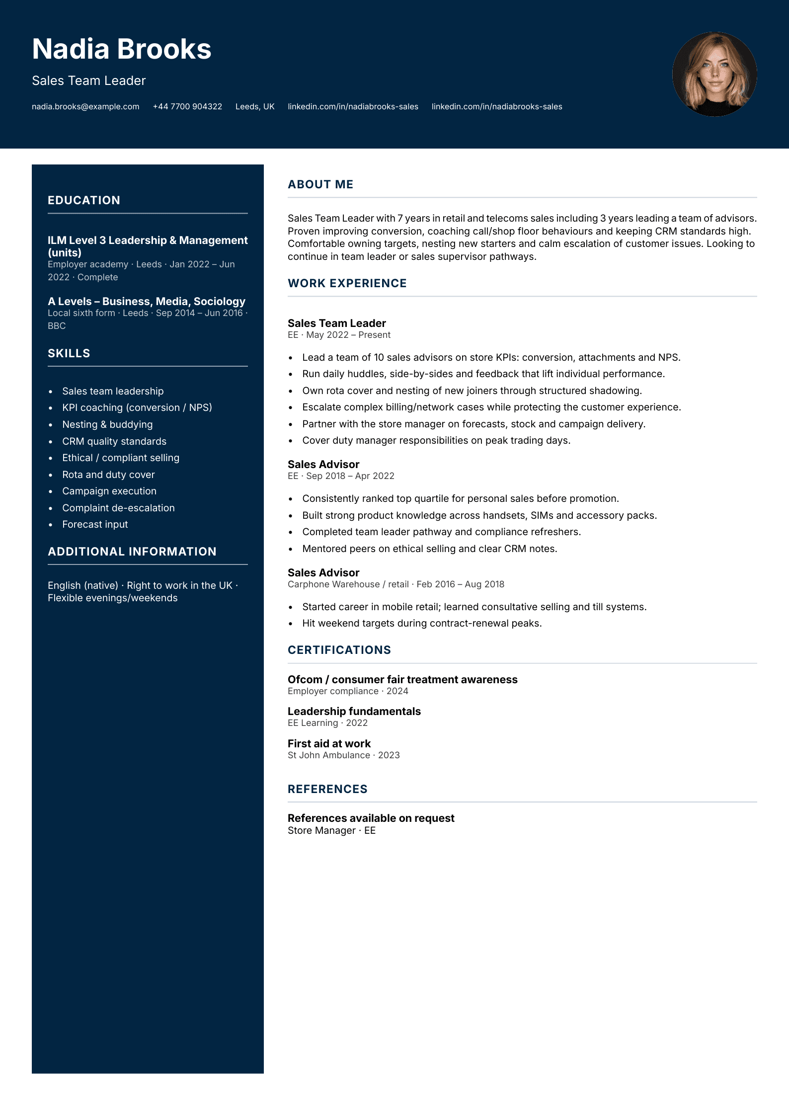 Sales team leader CV template