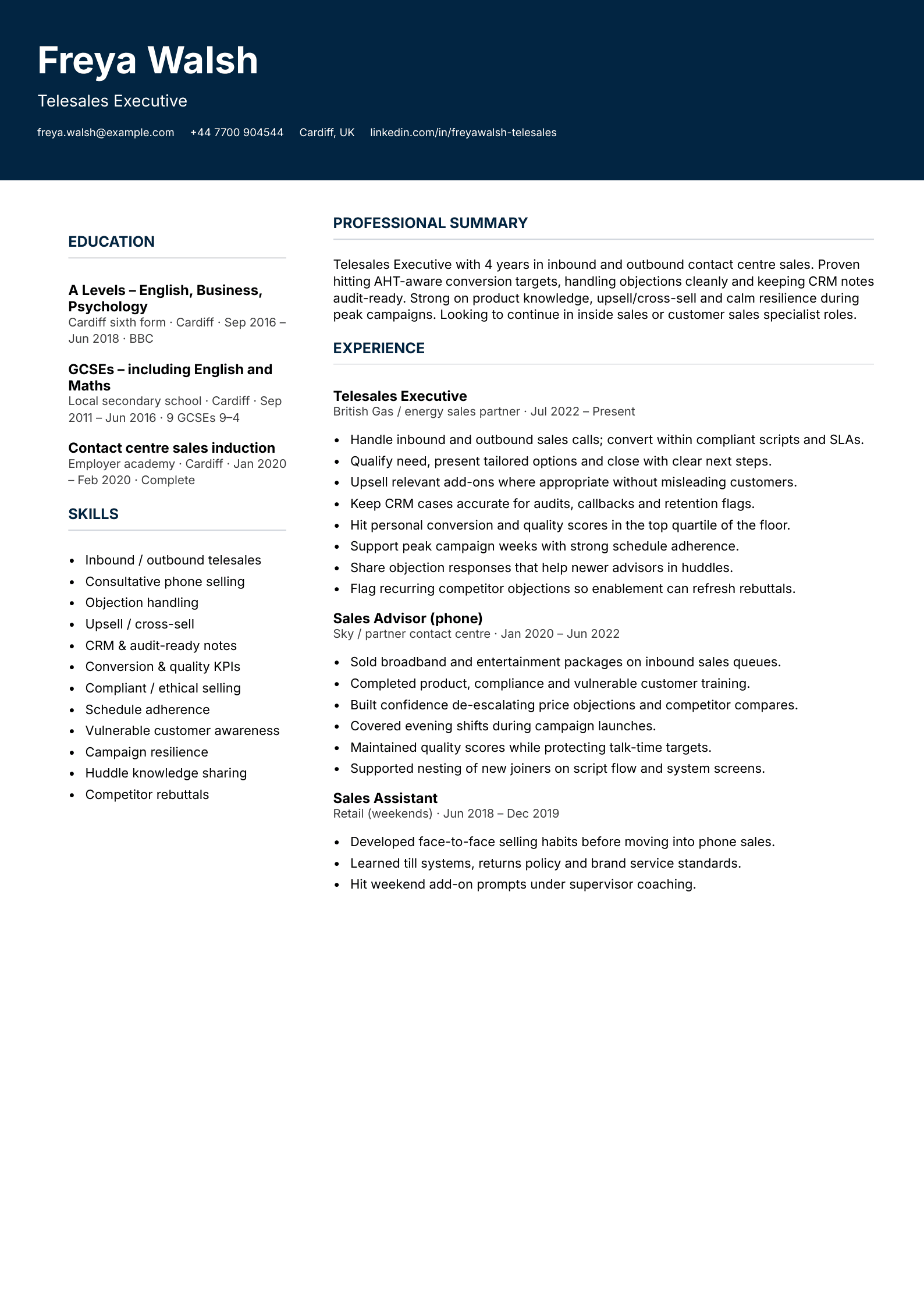 Telesales executive CV template
