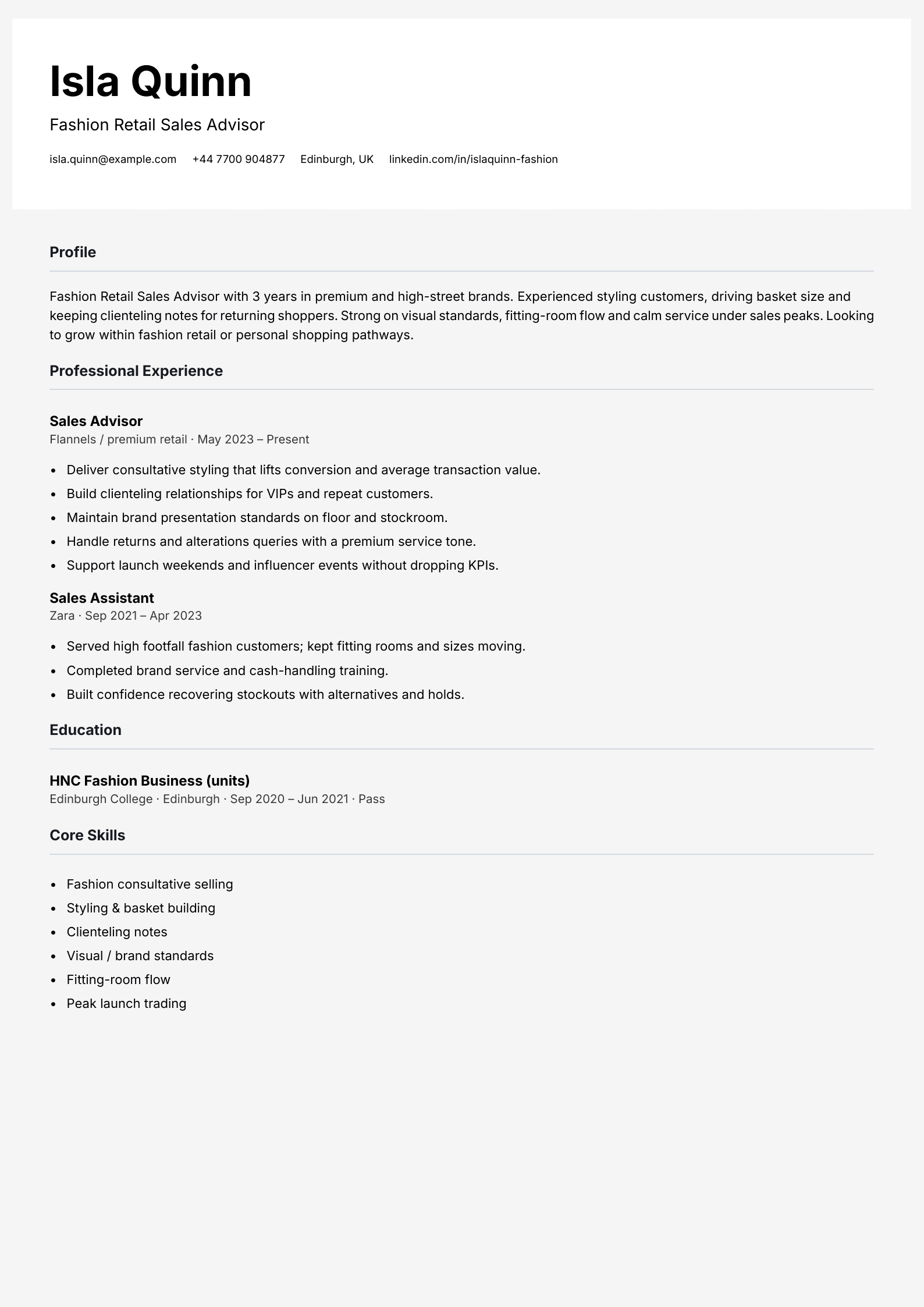 fashion retail sales advisor cv template