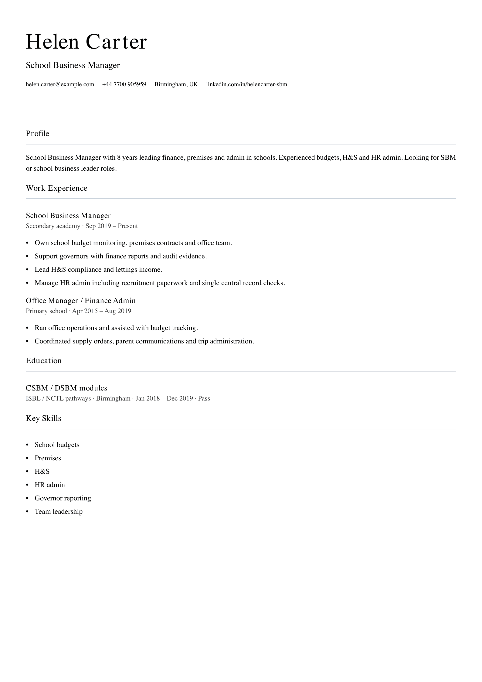 school business manager cv template