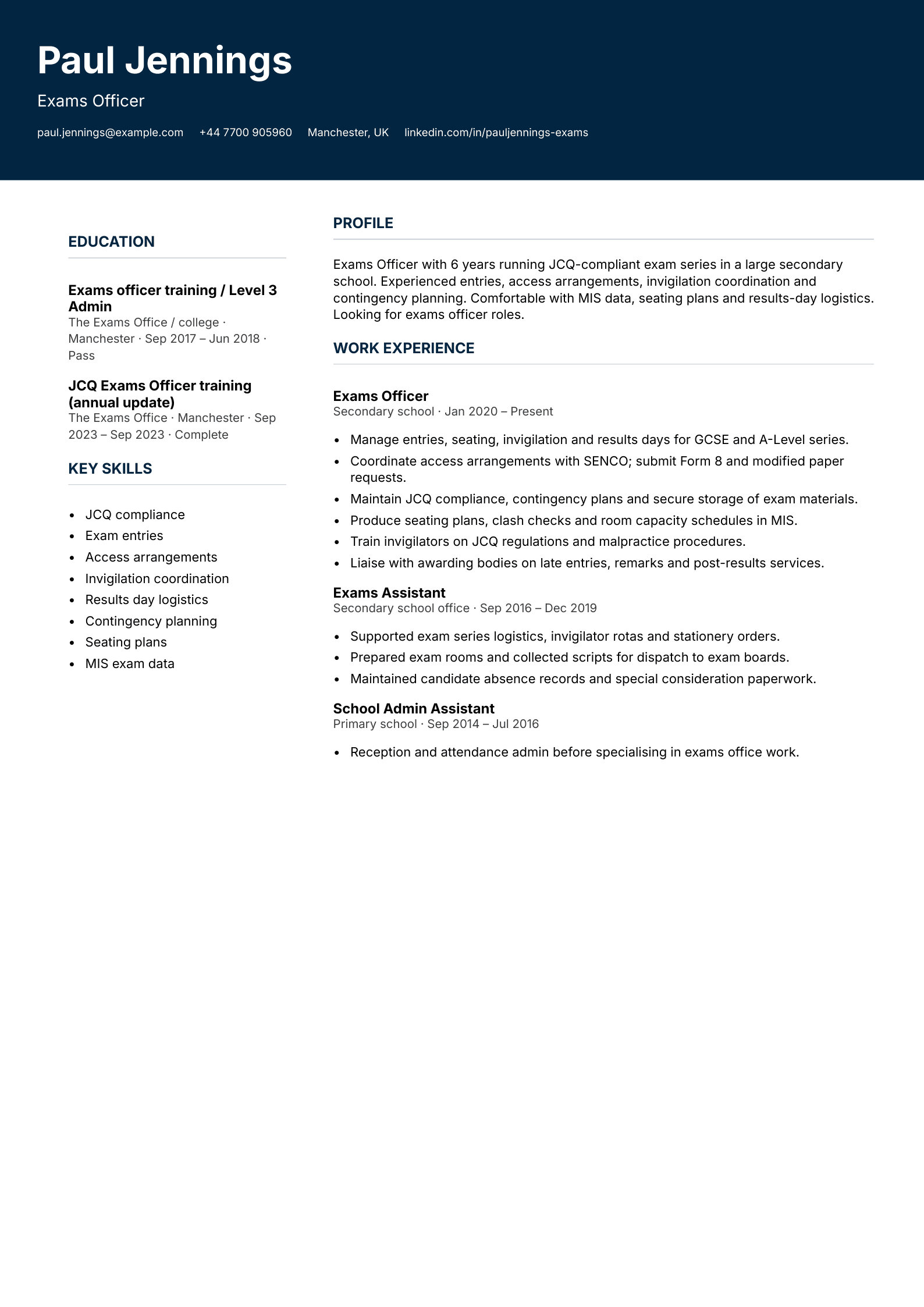 exams officer cv template