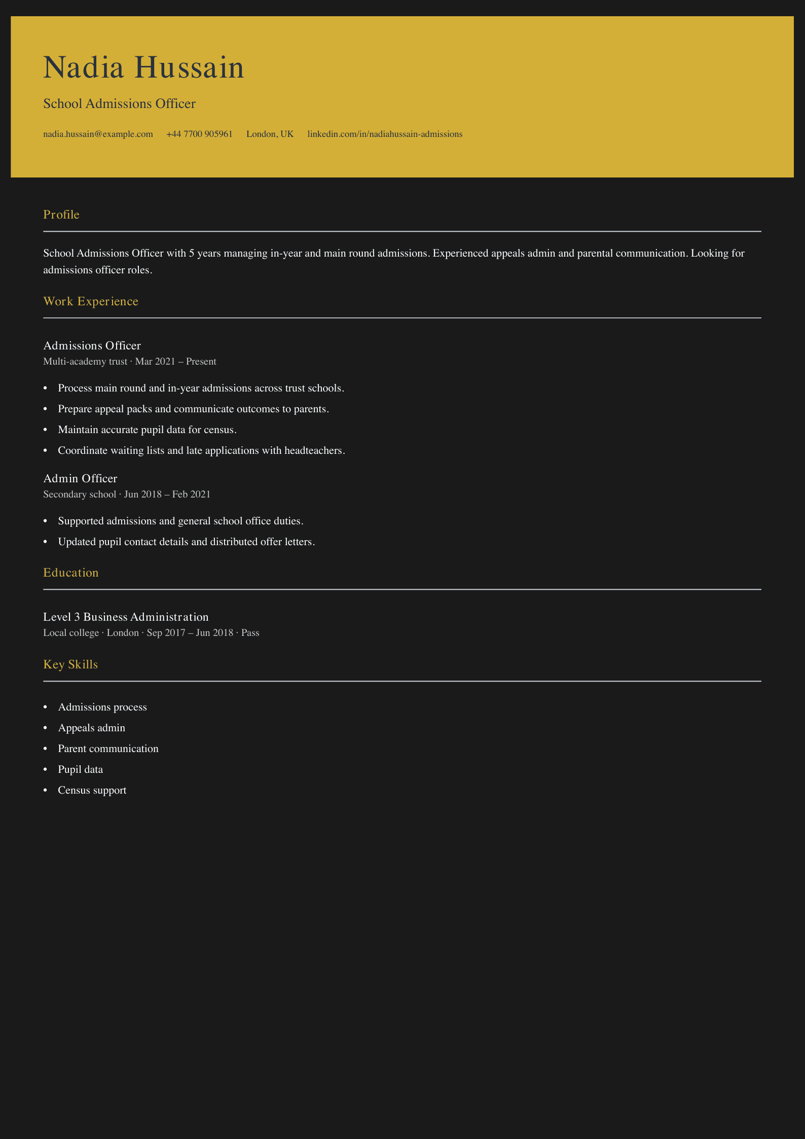 school admissions officer cv template