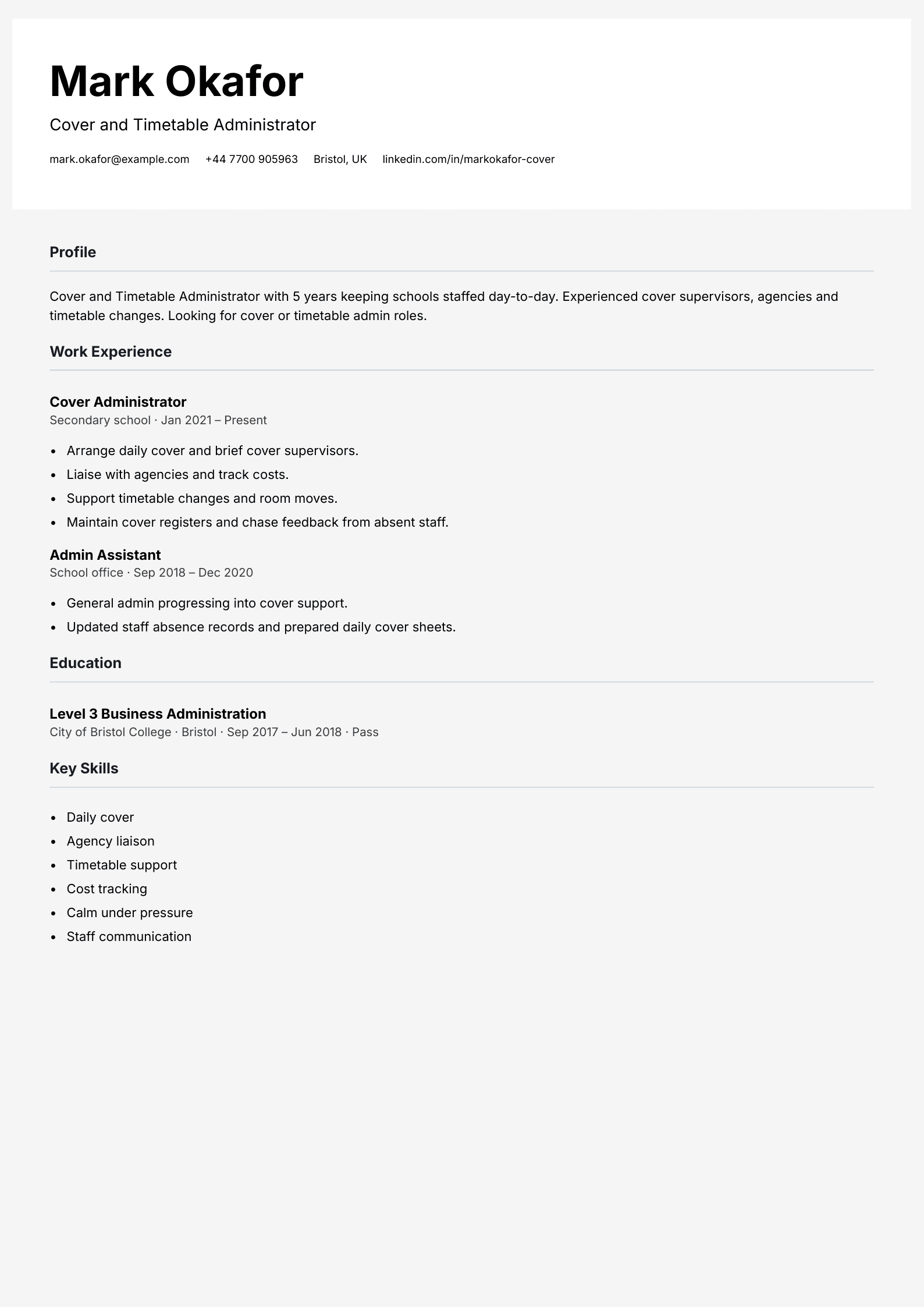 cover administrator cv template