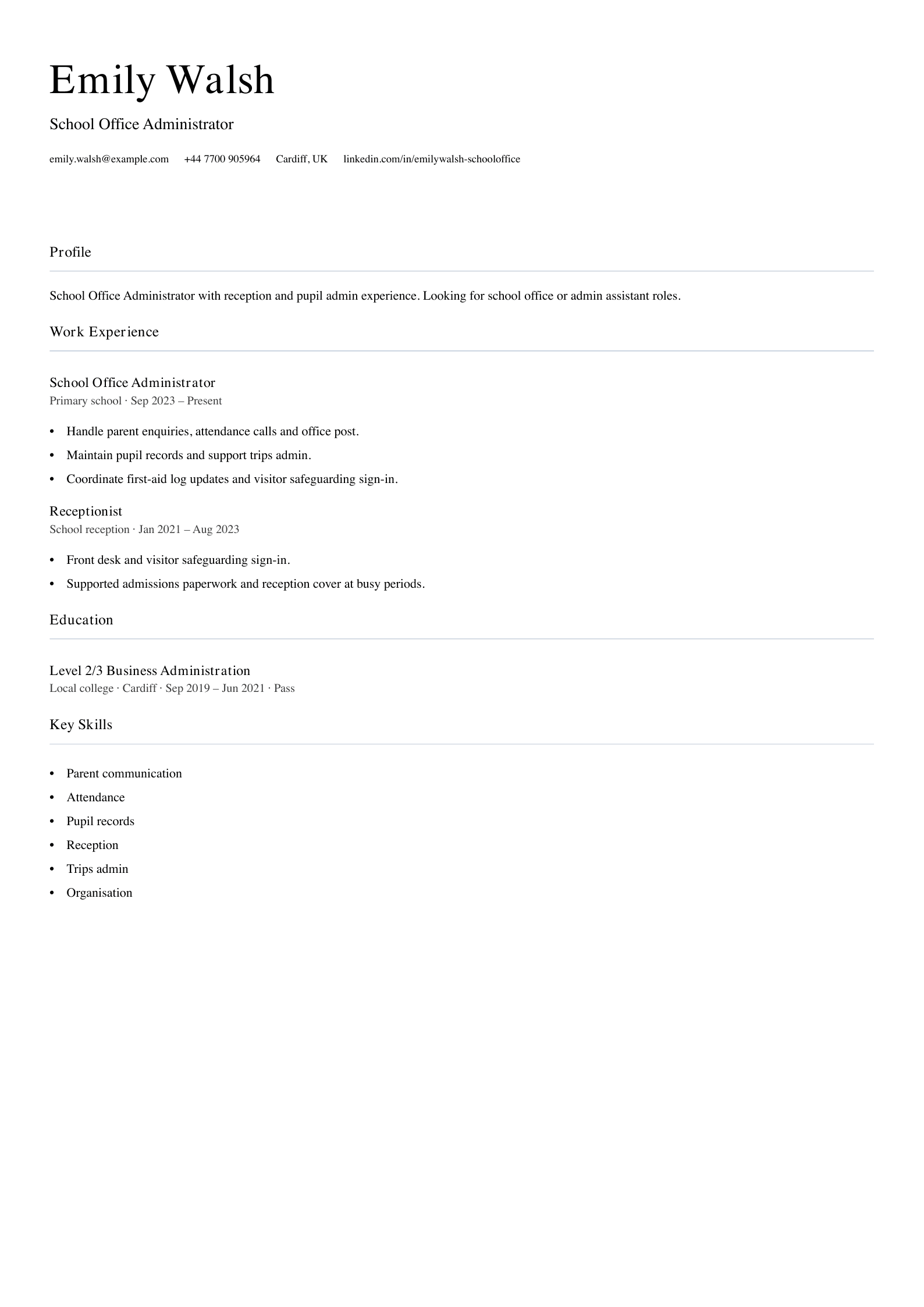school office administrator cv template