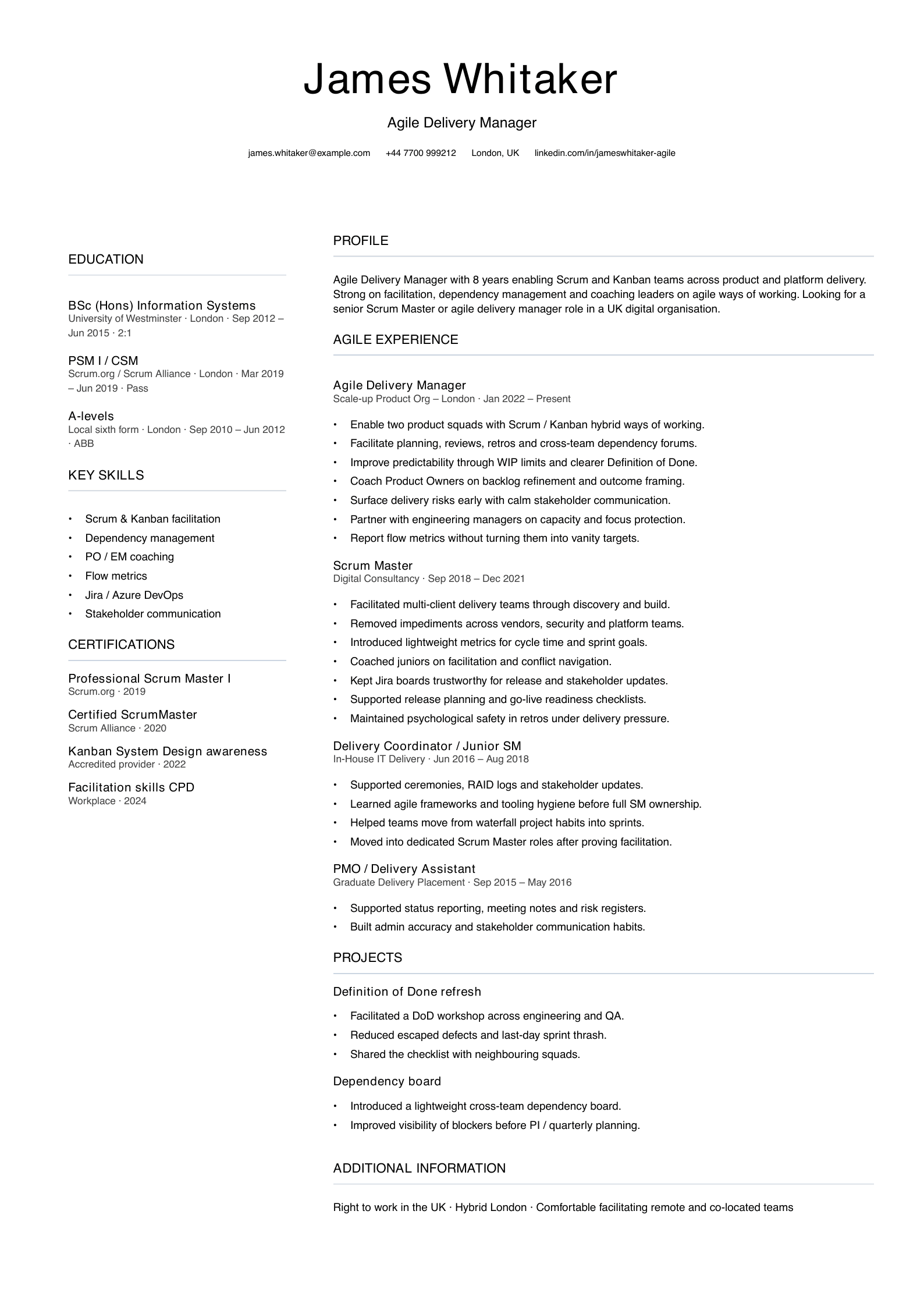 agile delivery manager CV template