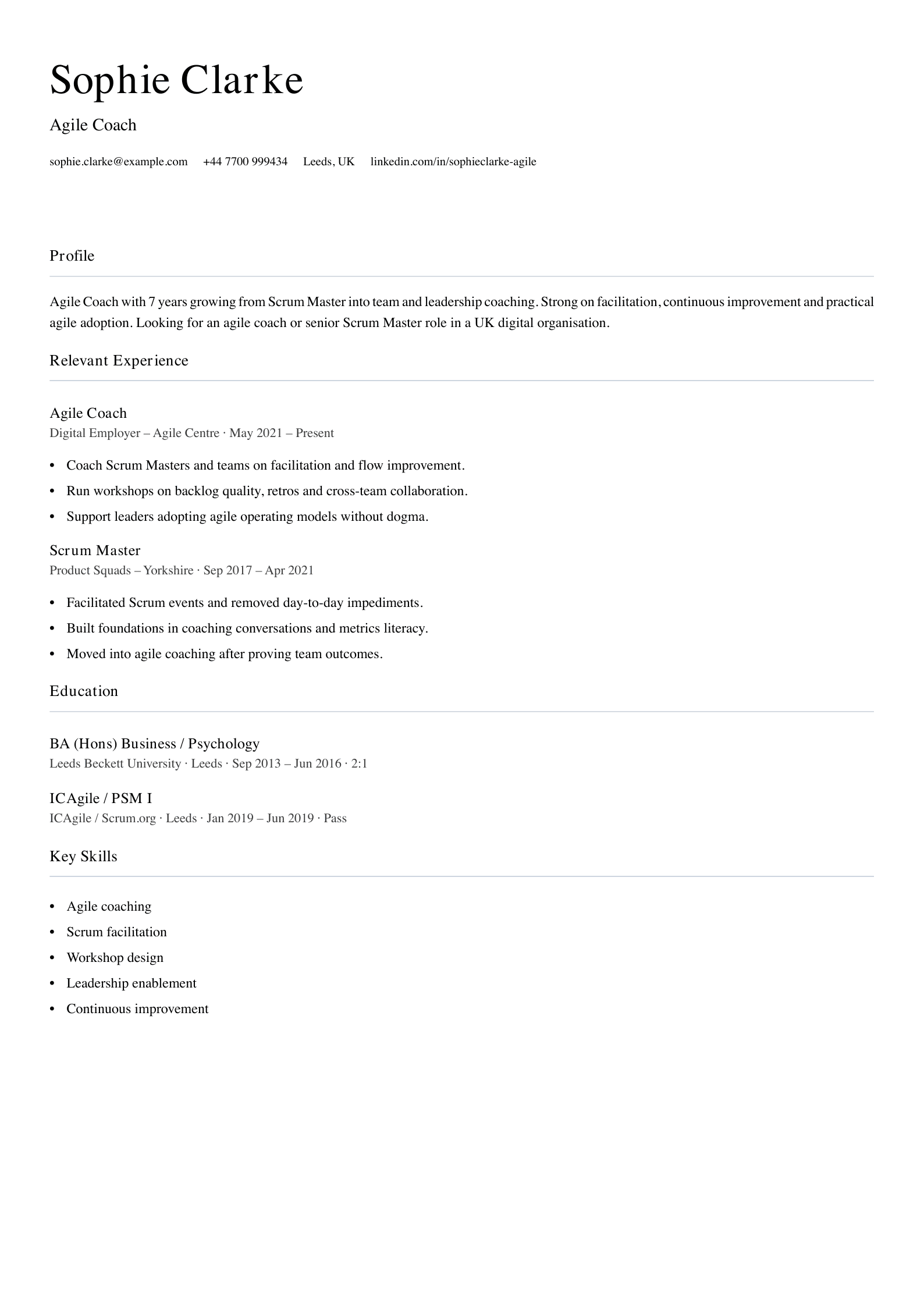 Agile coach CV template