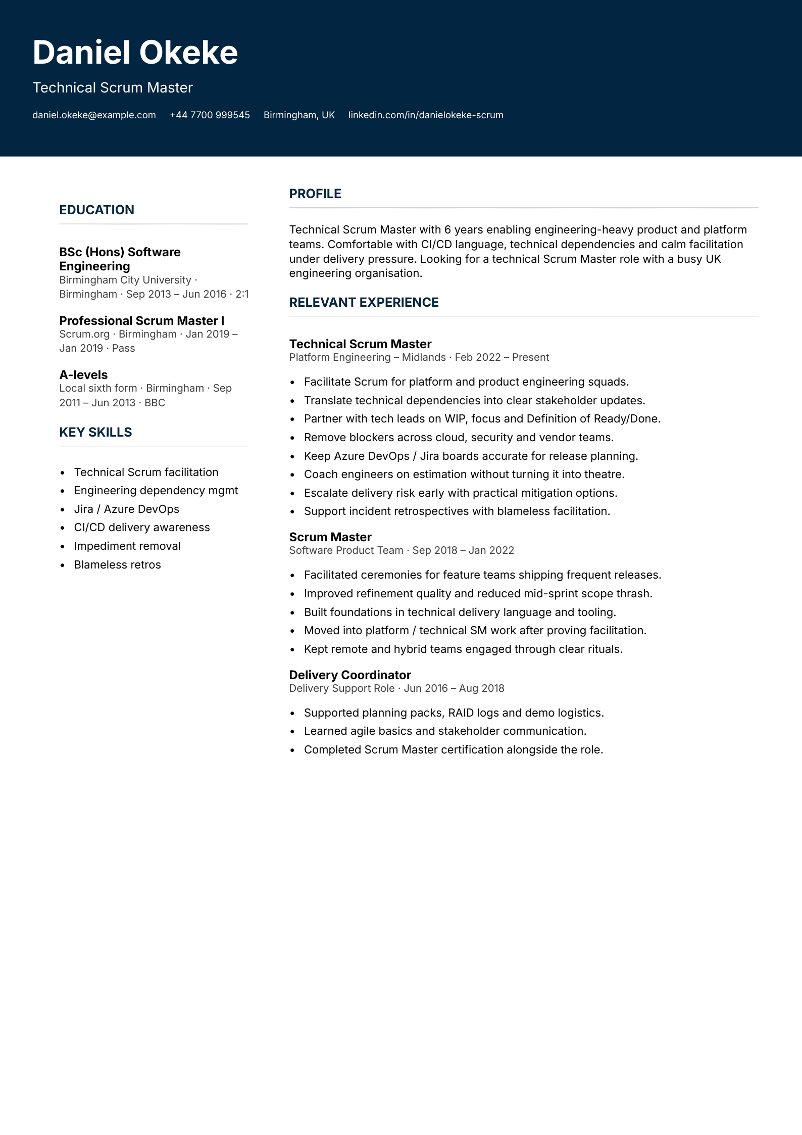 technical scrum master CV template