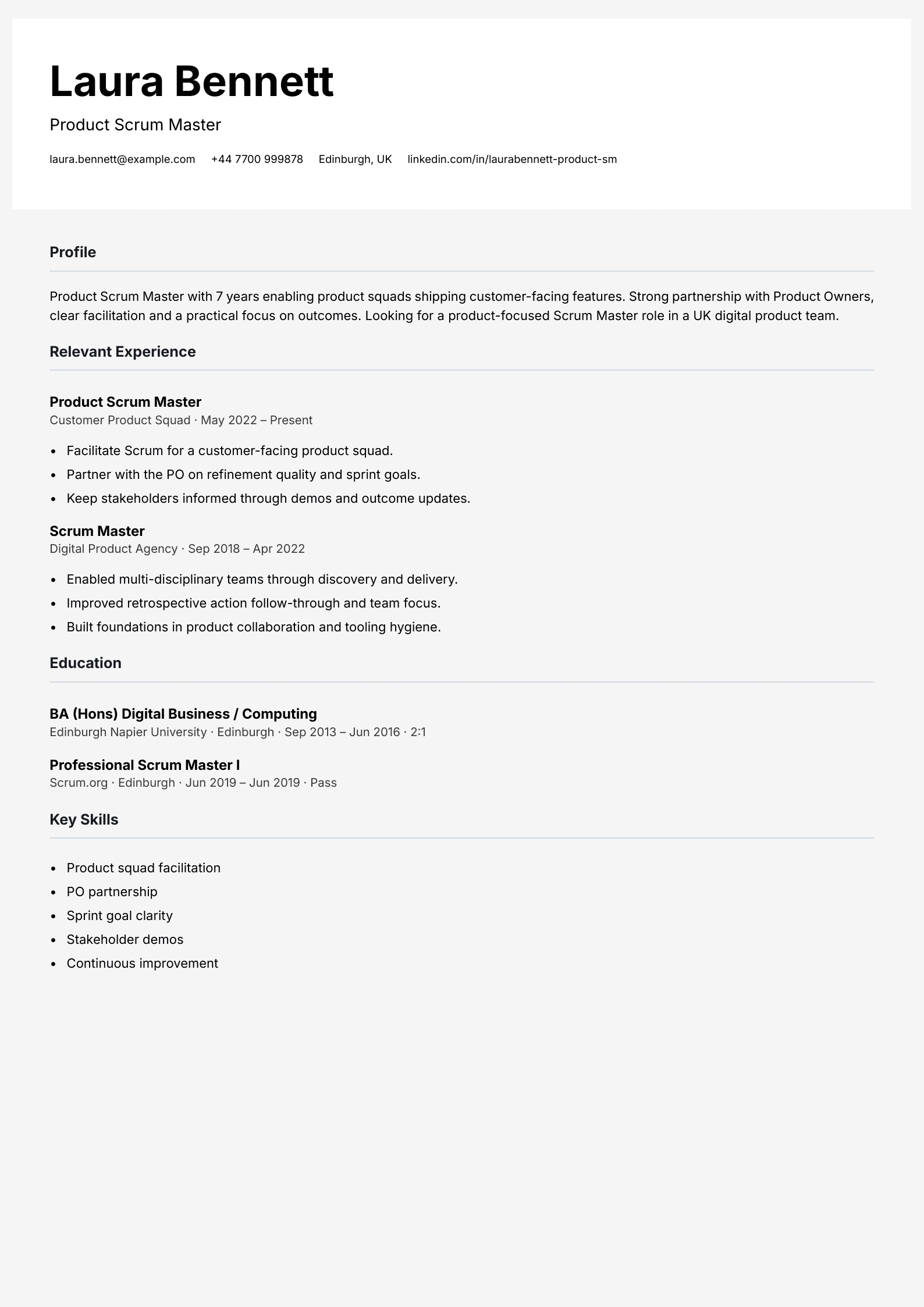 product scrum master CV template