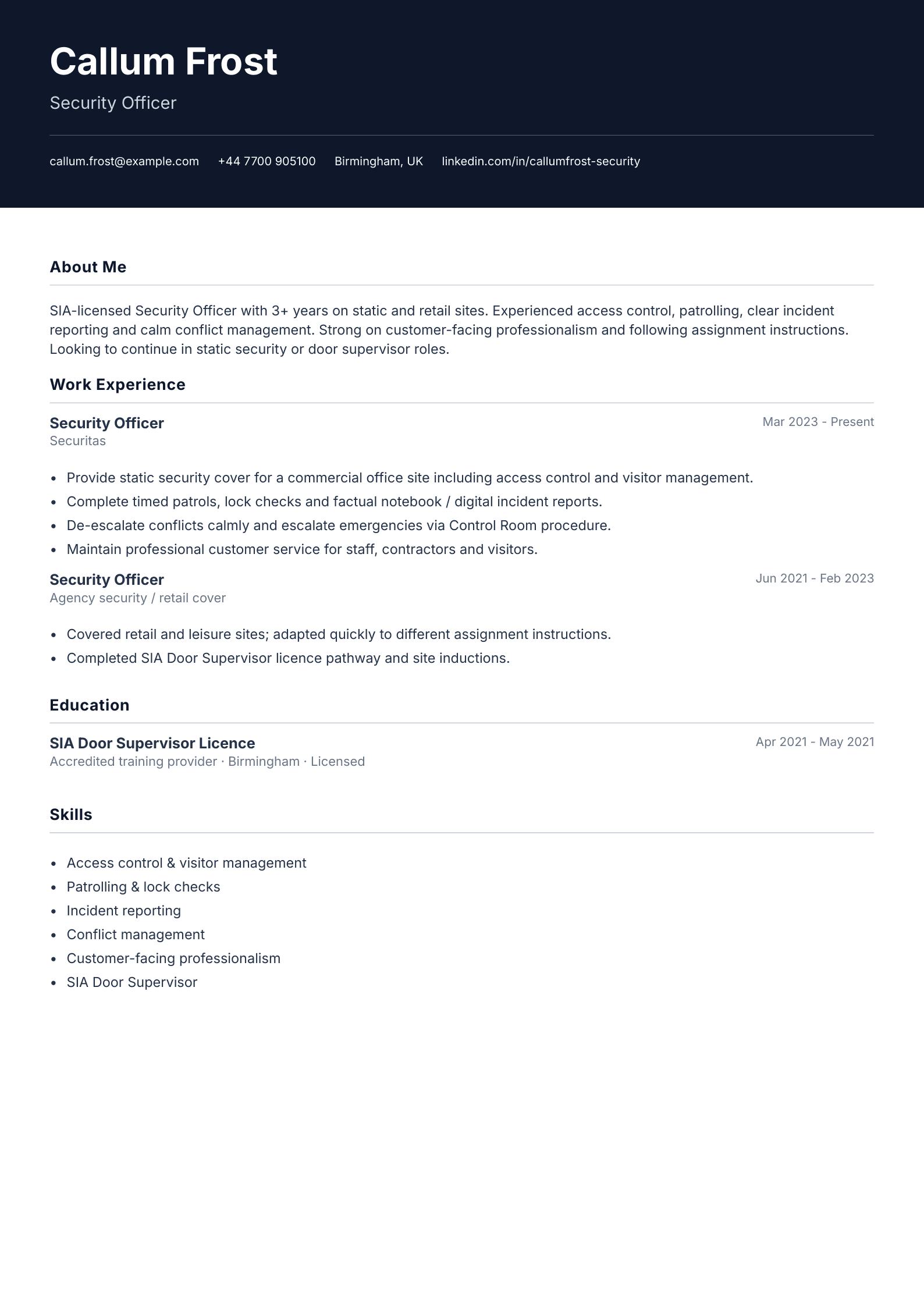 Security officer CV template