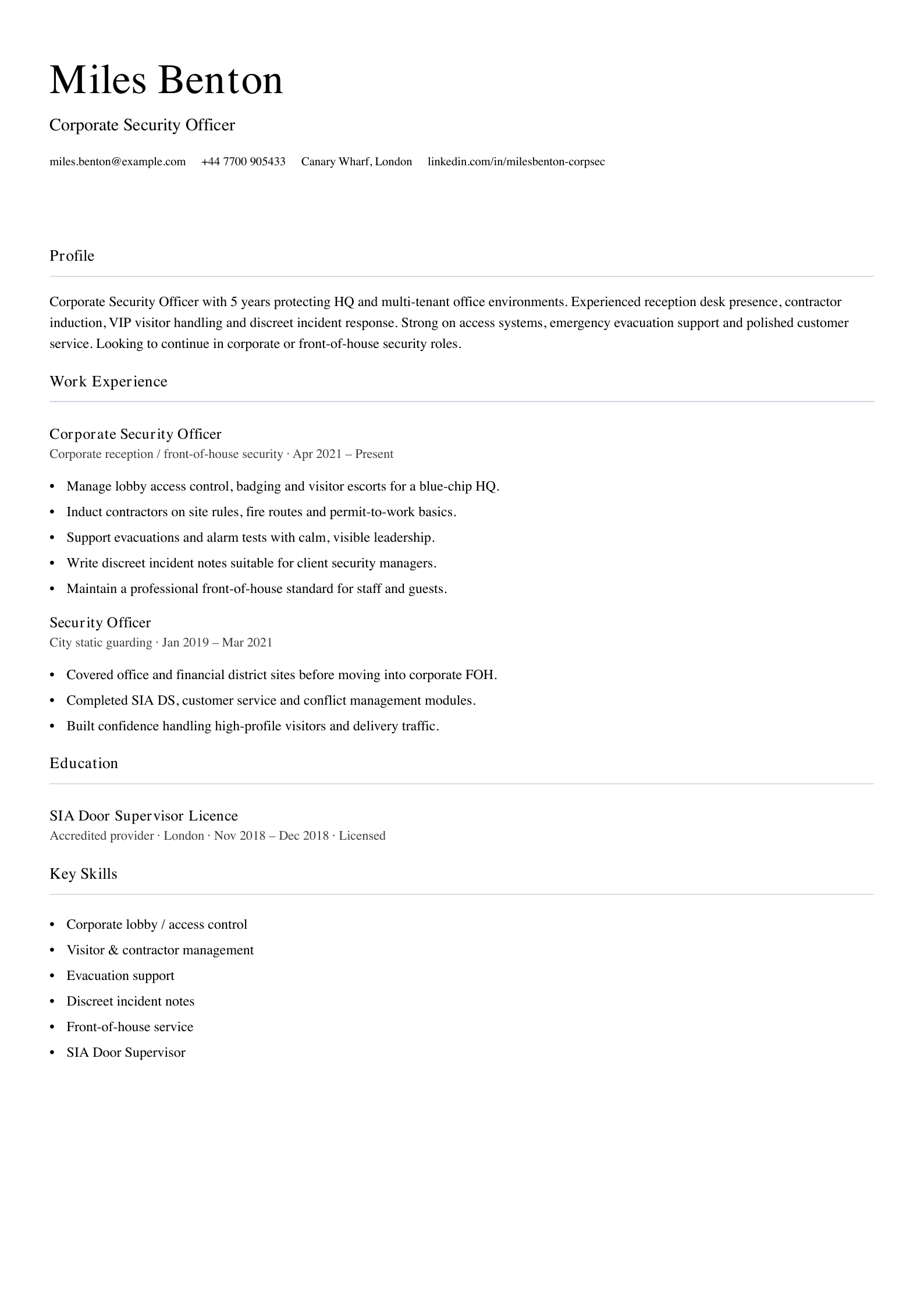 corporate security officer cv template
