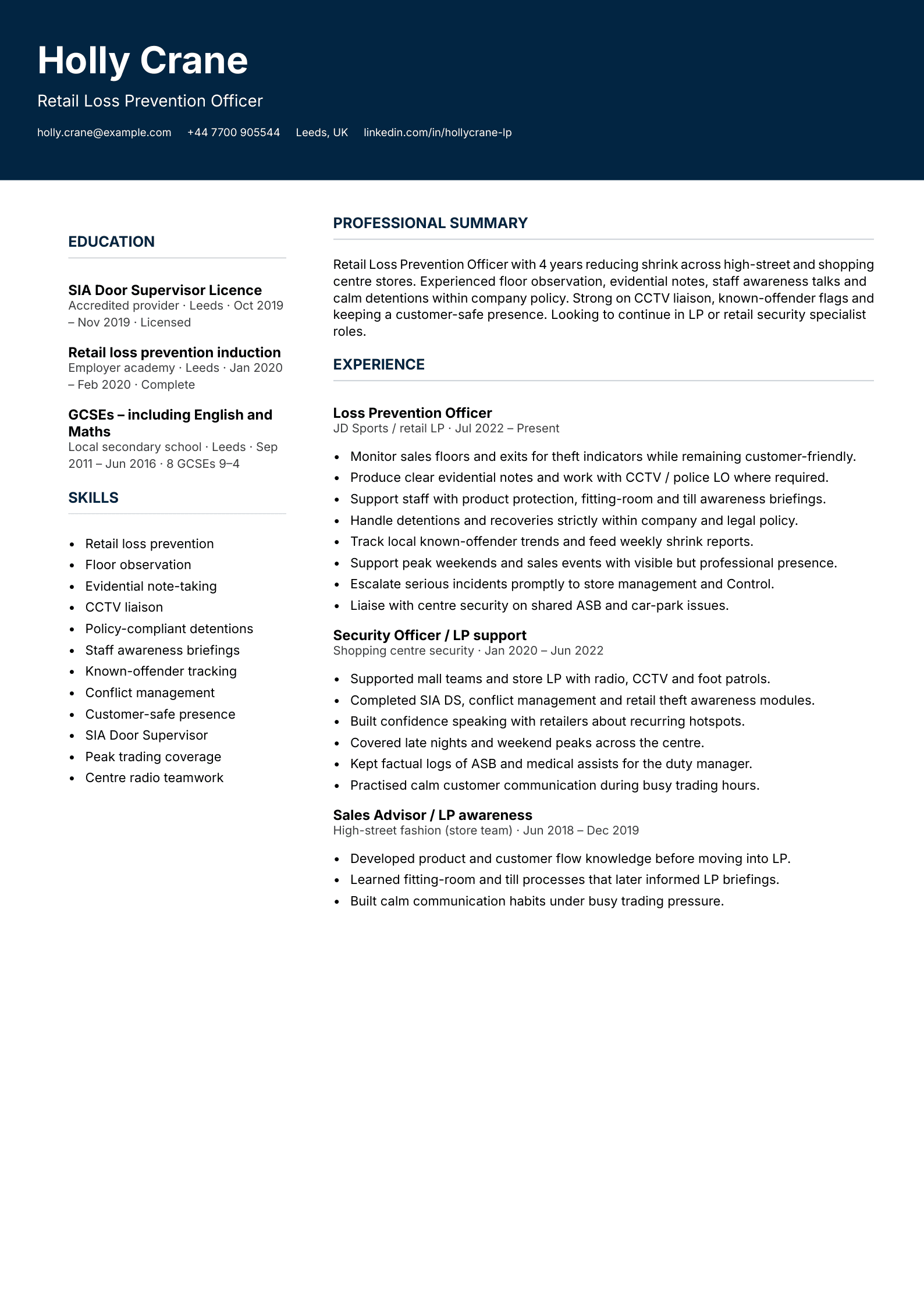 Retail loss prevention CV template