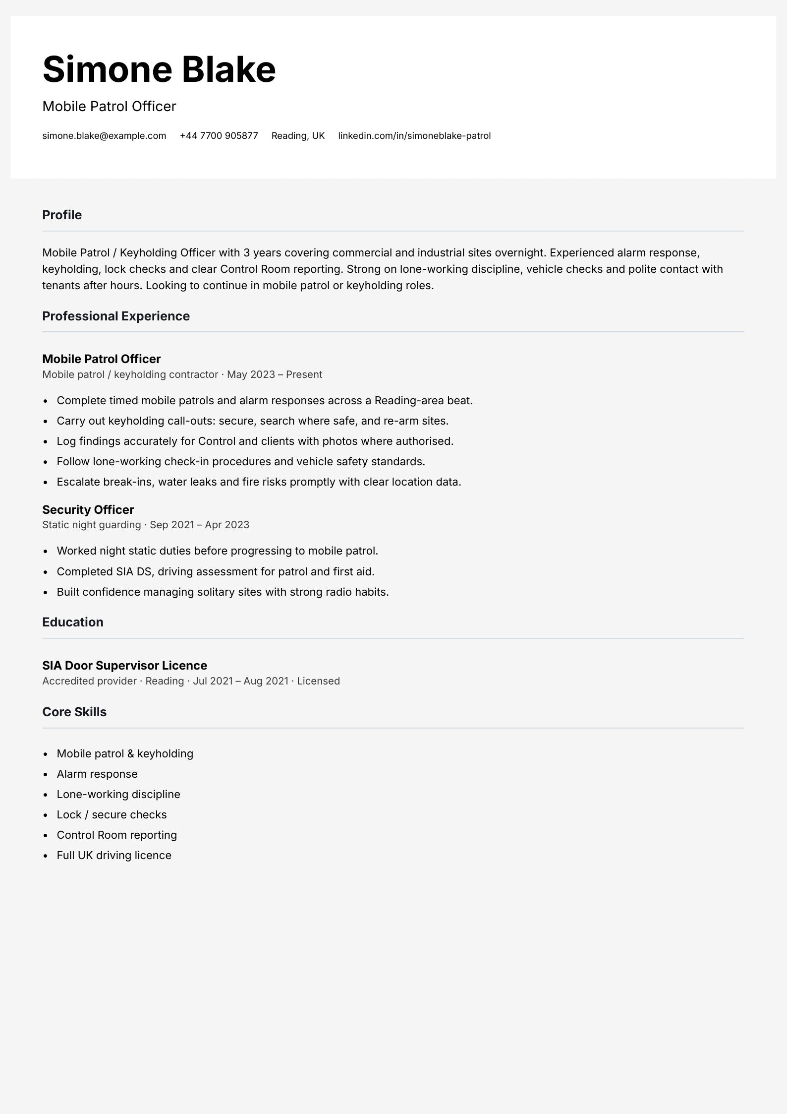 mobile patrol security officer cv template
